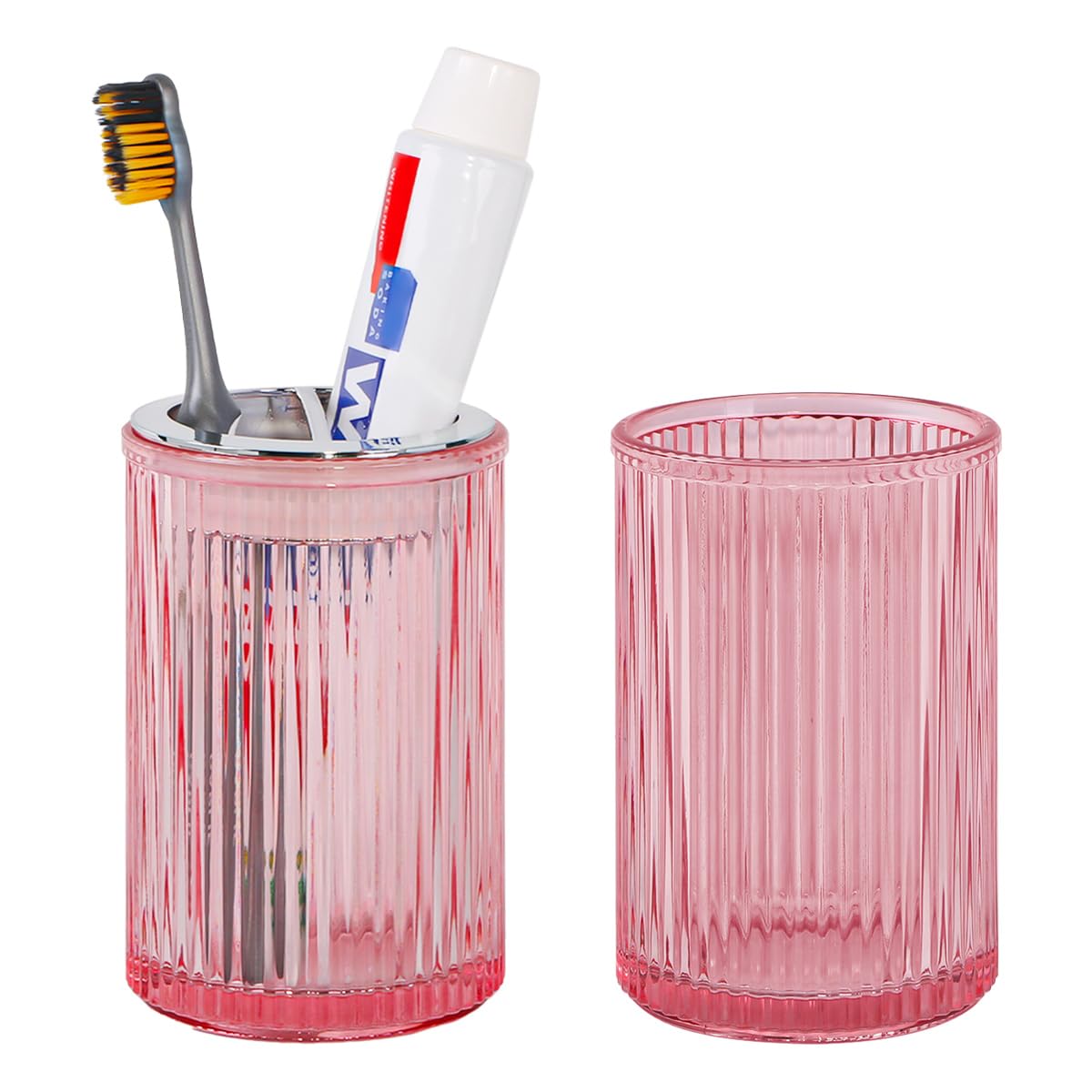 Tonxus Pink Toothbrush Holders for Bathrooms, 2pcs Glass Toothbrush Holder and 12oz Bathroom Tumbler Cup Set, Silver Tooth Brush