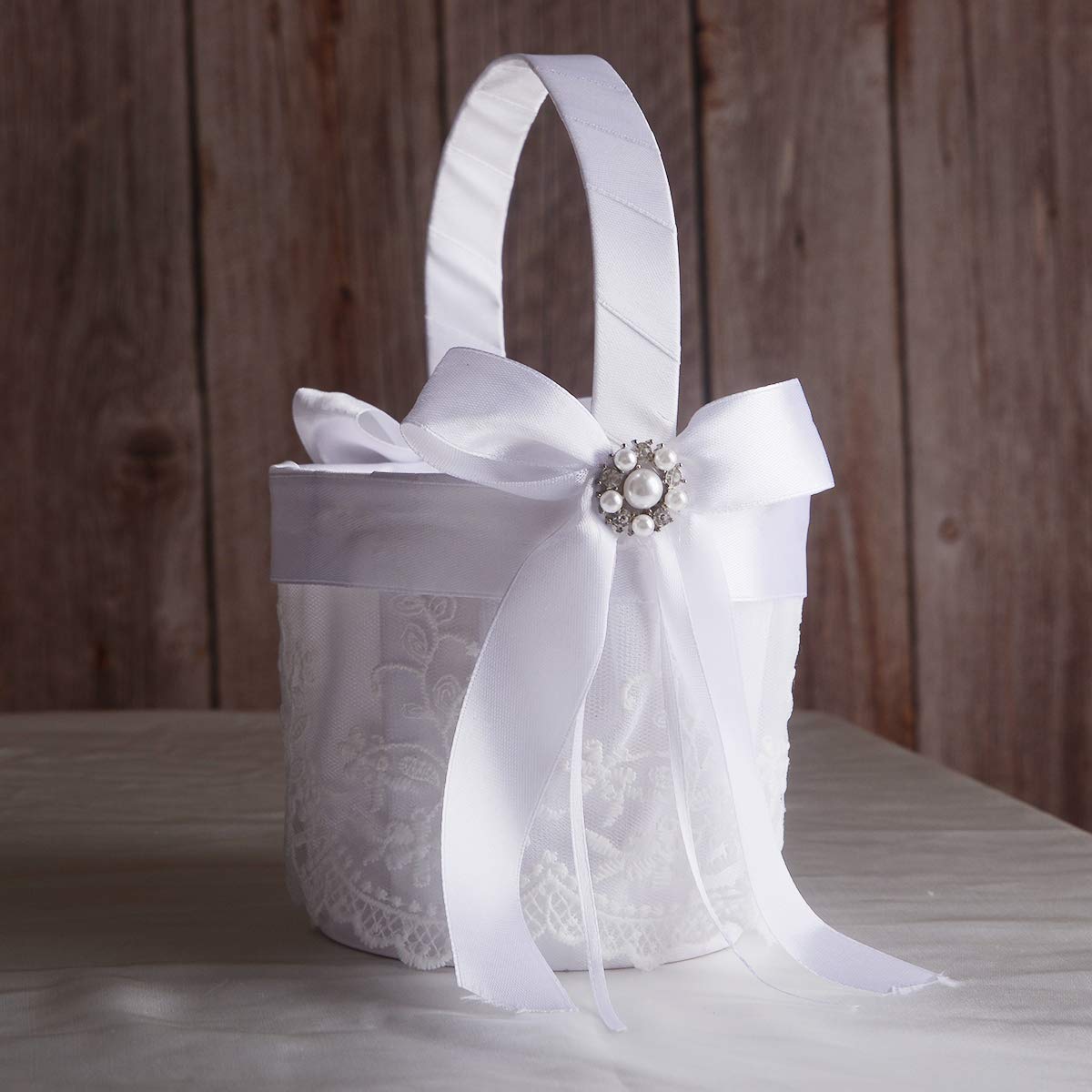 True Love Gift Ring Bearer Pillow And Wedding Flower Girl Basket Set Pearl Rhinestones White Satin Lace Collection