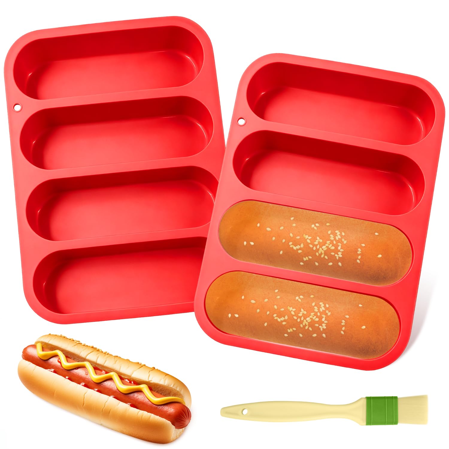 Holyenten 2 Pack Silicone Hot Dog Bun Pans, 6x9 Inch NonStick Baking Mold  Perfect for Homemade Hotdog Buns, Mini Baguettes & 