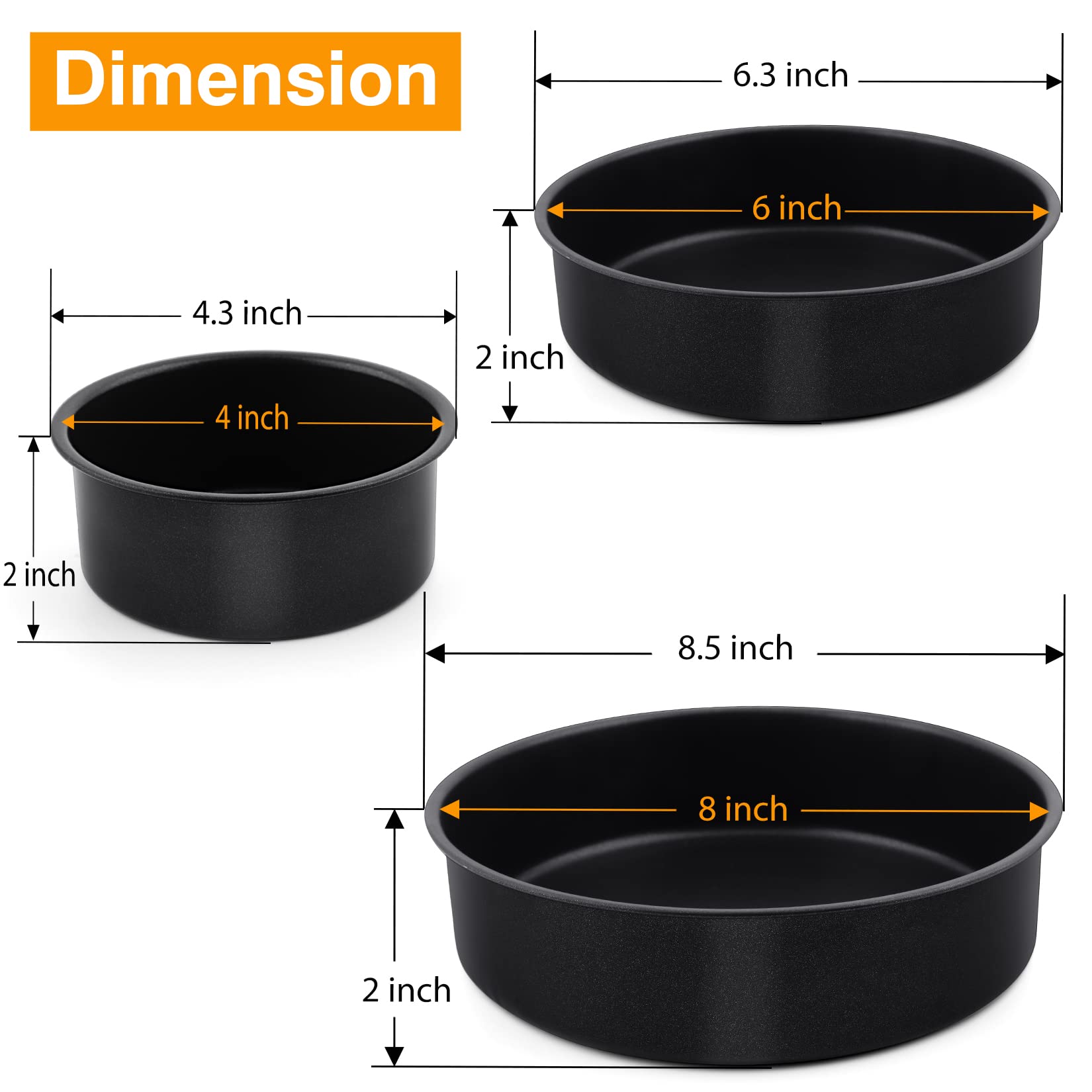 Round Cake Pan Set - 4    & 6    & 8   , P&P Chef 3-Piece Cake Baking Pan For Birthday Weeding Layer Cakes, Stainless Steel Core