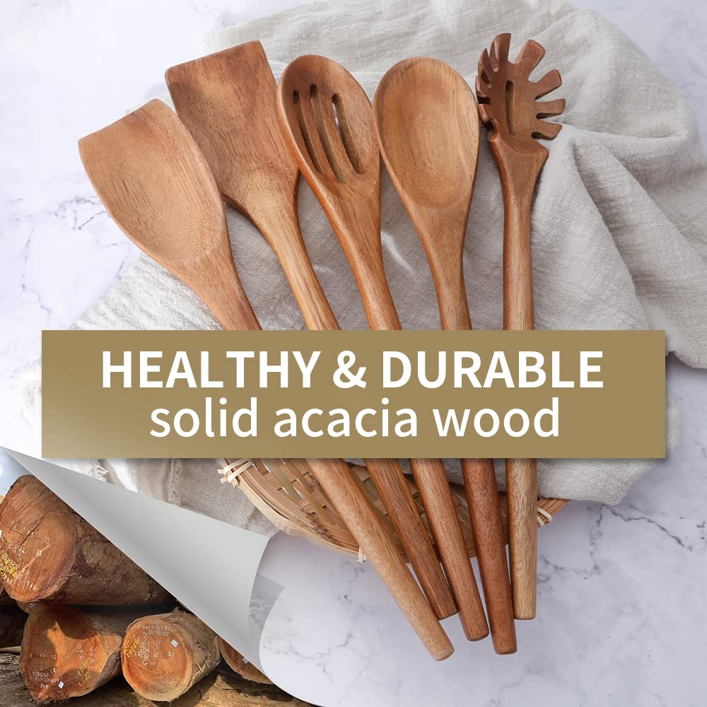 Exquisite Wooden Cooking Utensils For Kitchen, Set Of 5, 12 Inch Acacia Wood Kitchenware Tool Set, Cooking Gadgets Includes Spoo