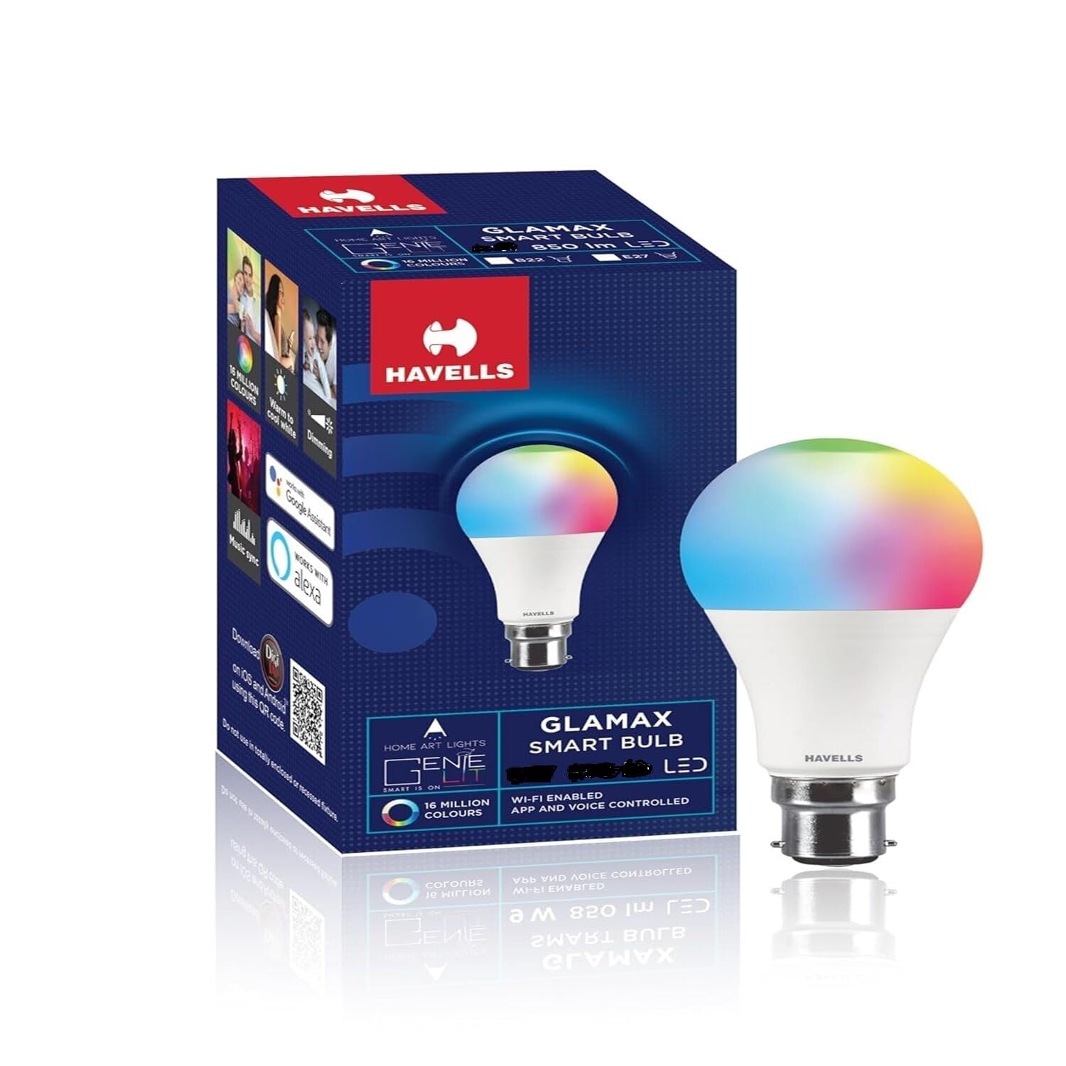 Havells Glamax 12W B22 Wifi Led Smart Bulb With Music Sync Function, Compatible With Amazon Alexa And Google Assistant (16M Colo