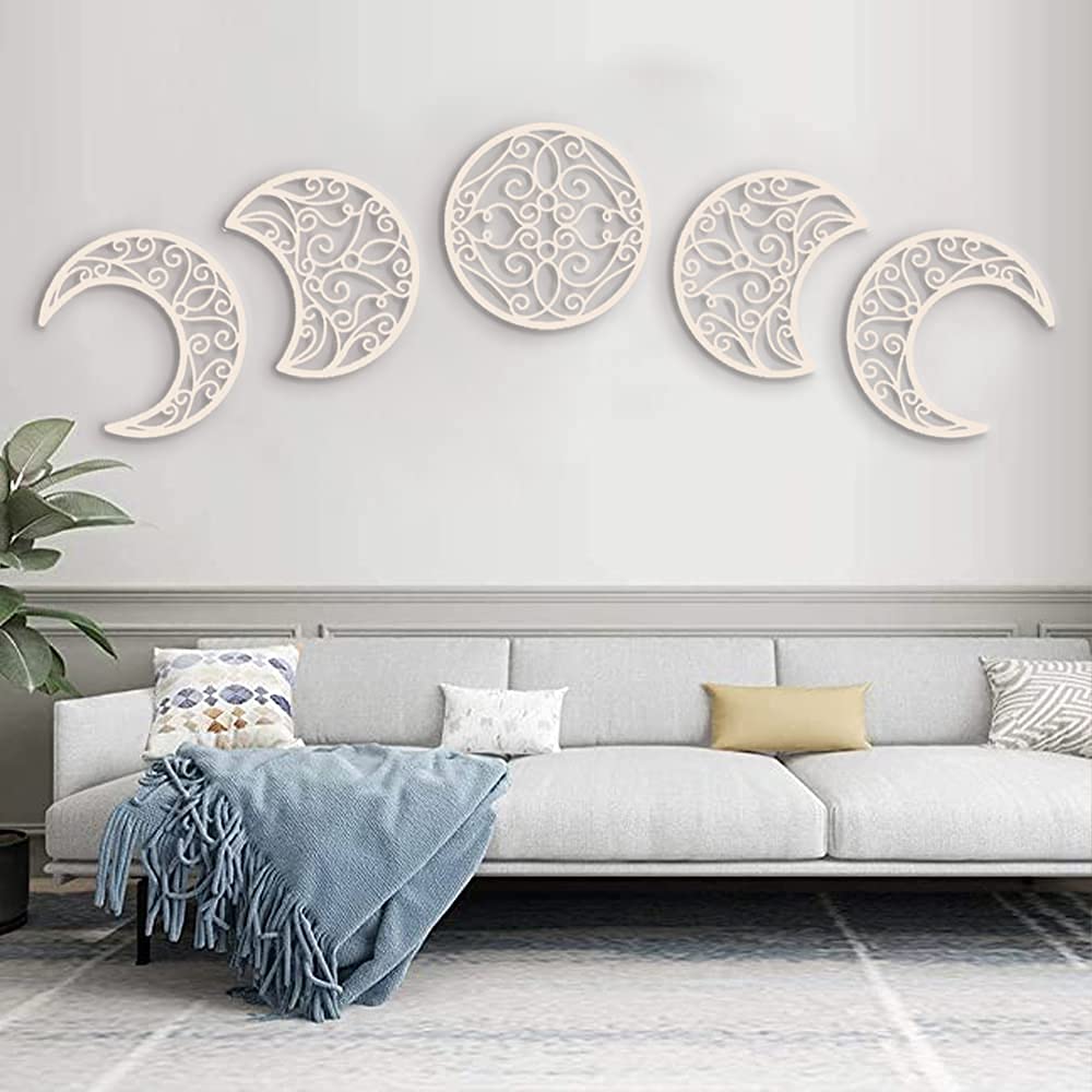B Dybohf Moon Decoration Wall Decoration, Moon Appearance Wall Art Decoration (5 Pieces) Nordic Wood Moon Appearance Natural Des