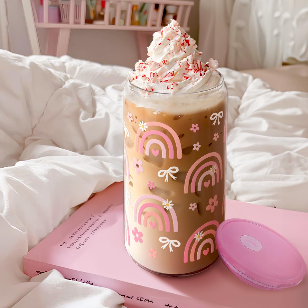 Rainbow 16oz Can Glass Tumbler with Acrylic Lid & Straw, Iced Coffee Cup for Women Girls, Aesthetic Cups Gifts for Birthday Chri