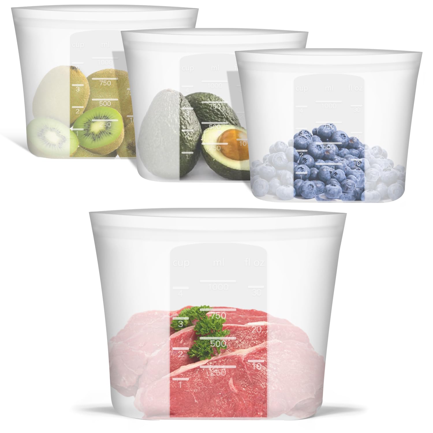 Annaklin Reusable Silicone Food Storage Bags Quart 4 Pack, Stand Up Ziplock Reusable Freezer Sandwich Bag Containers for Food Tr