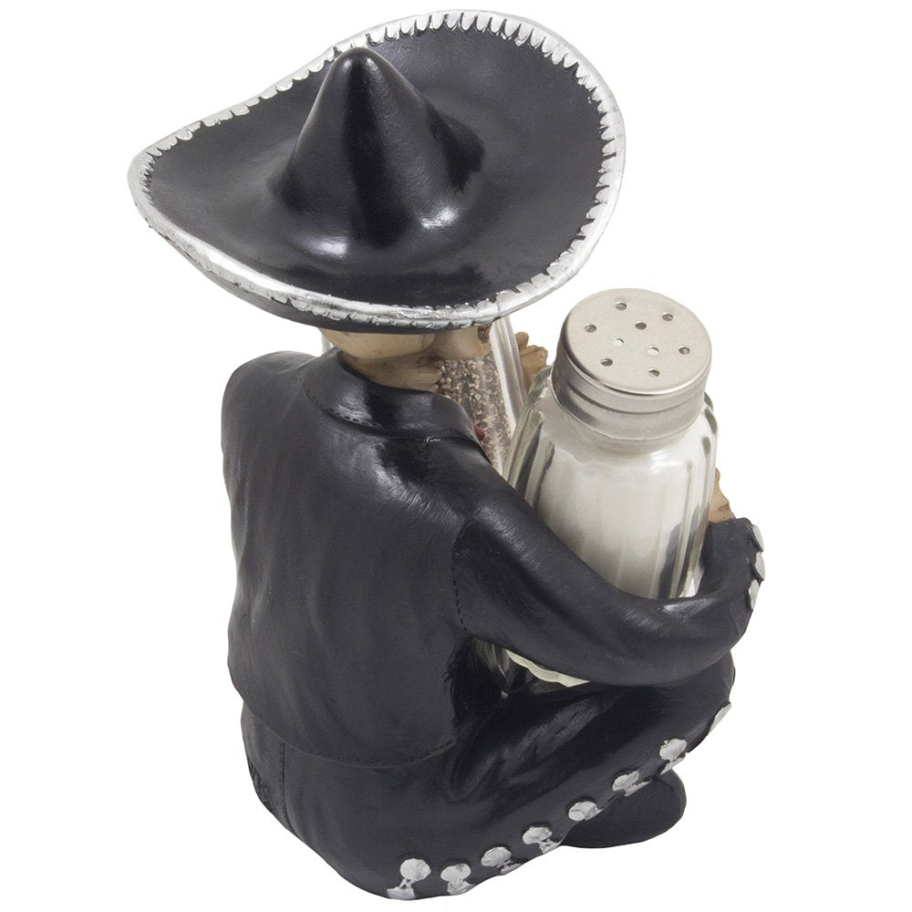 Dia de Los Muertos Mariachi Skeleton Salt and Pepper Shaker Set with Decorative Figurine Holder for Day of the Dead Mexican Fest