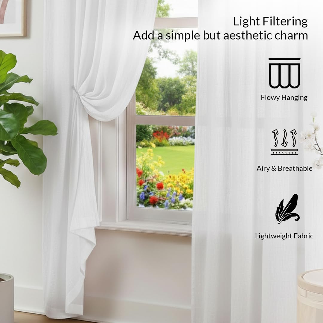 HOMEMONDE Solid Sheer Curtain Set for Window 5 Feet, Linen Textured Plain Sheer Window Curtain for Home Decor, Hangs Elegantly w