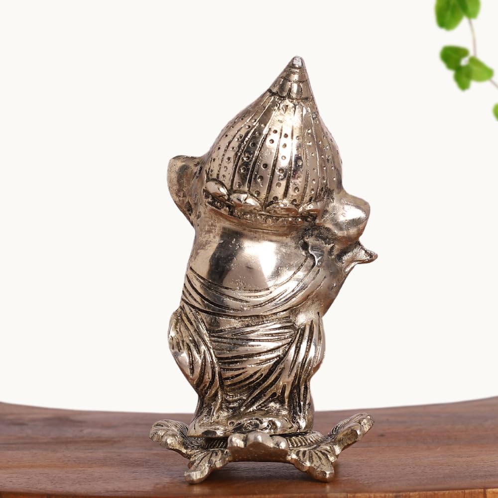 Smiles Gift Silver Plated Ganesh Idol With Playing Flute Statue | Aluminium Figurines | Showpiece For Table, Pooja, Mandir & Ret