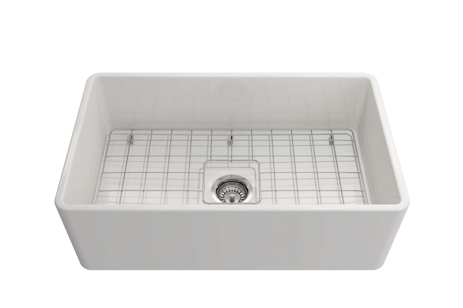 Bocchi Classico White Apron Front Fireclay 30 In. Single Bowl Kitchen Sink With Protective Bottom Grid, Strainer, And Chrome Fau