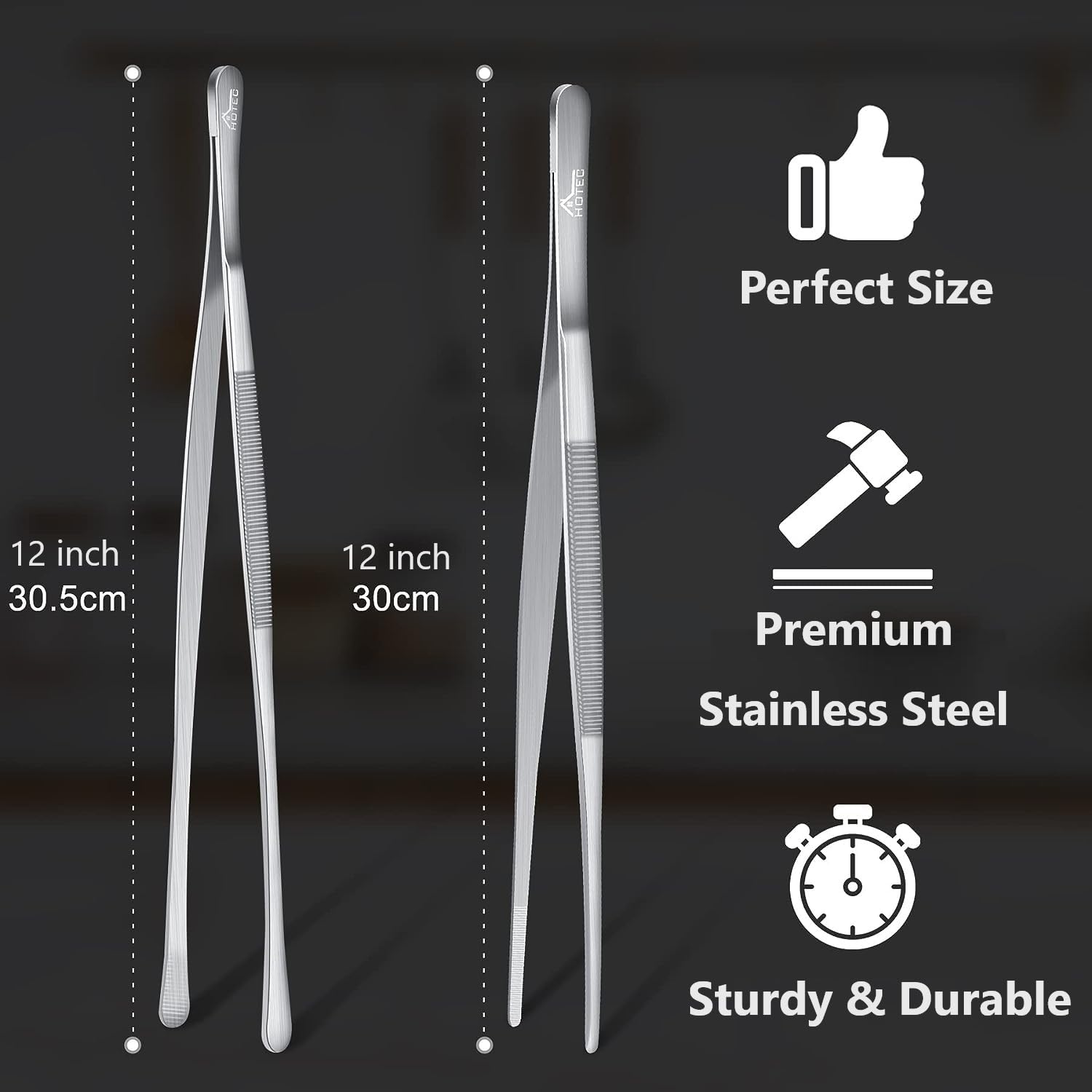 Hotec Kitchen Tweezers Stainless Steel Fine Kitchen Tongs For Cooking, Extra-Long Kitchen Tweezers Food Tongs, Set Of 2-12Inch