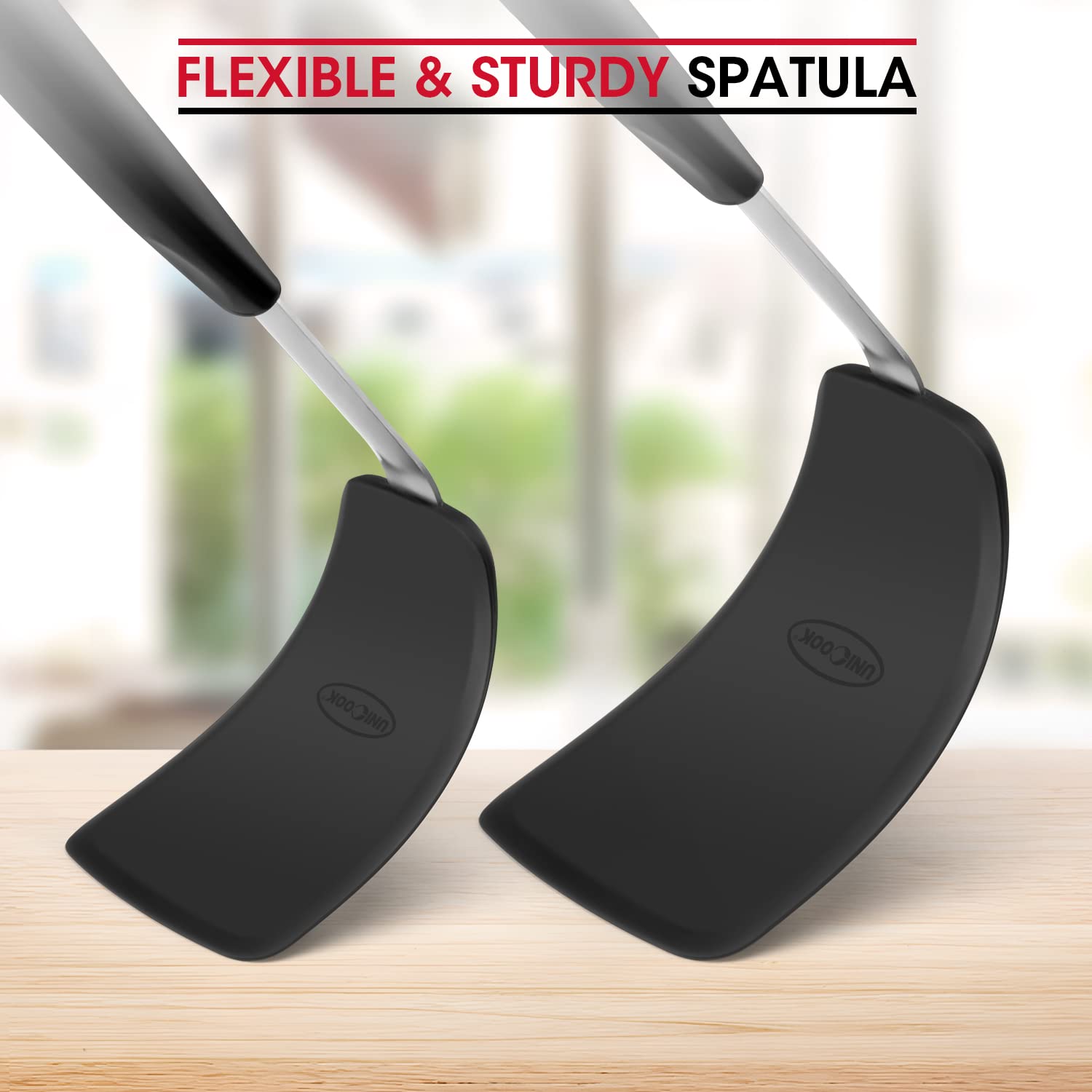 Unicook 2 Pack Flexible Silicone Spatula, Turner, 600F Heat Resistant, Ideal For Flipping Eggs, Burgers, Crepes And More, Black