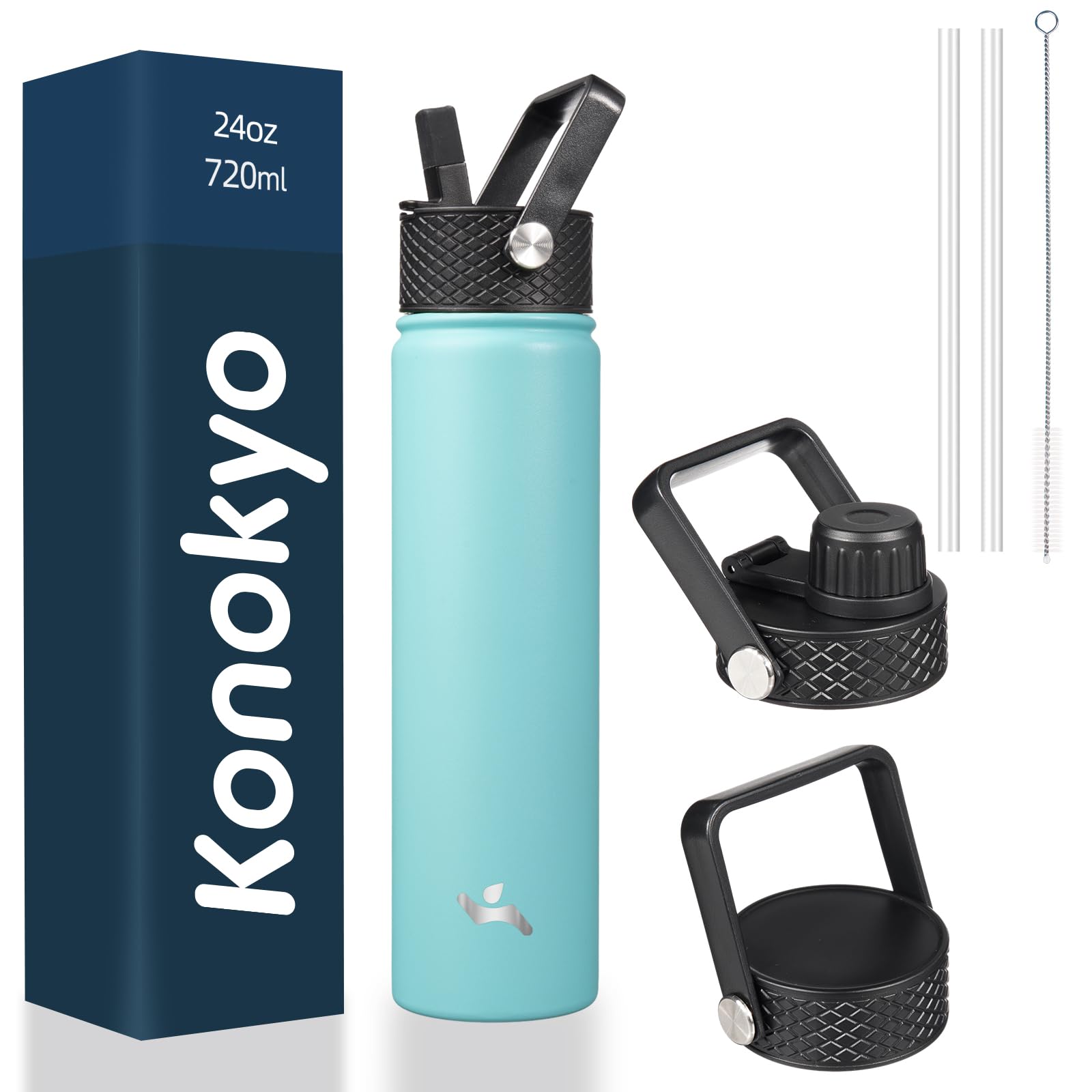 Konokyo Insulated Water Bottle 24oz Stainless Steel Sport Bottles with 3 Lids,Turquoise