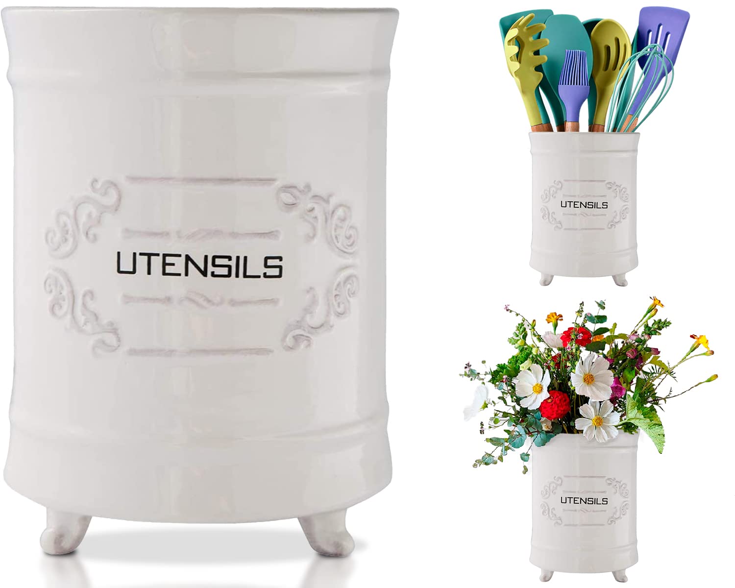 French White Ceramic Utensil Holder - Vintage Style Kitchen Utensil Caddy - Shabby Chic Cooking Utensil Organizer For Countertop