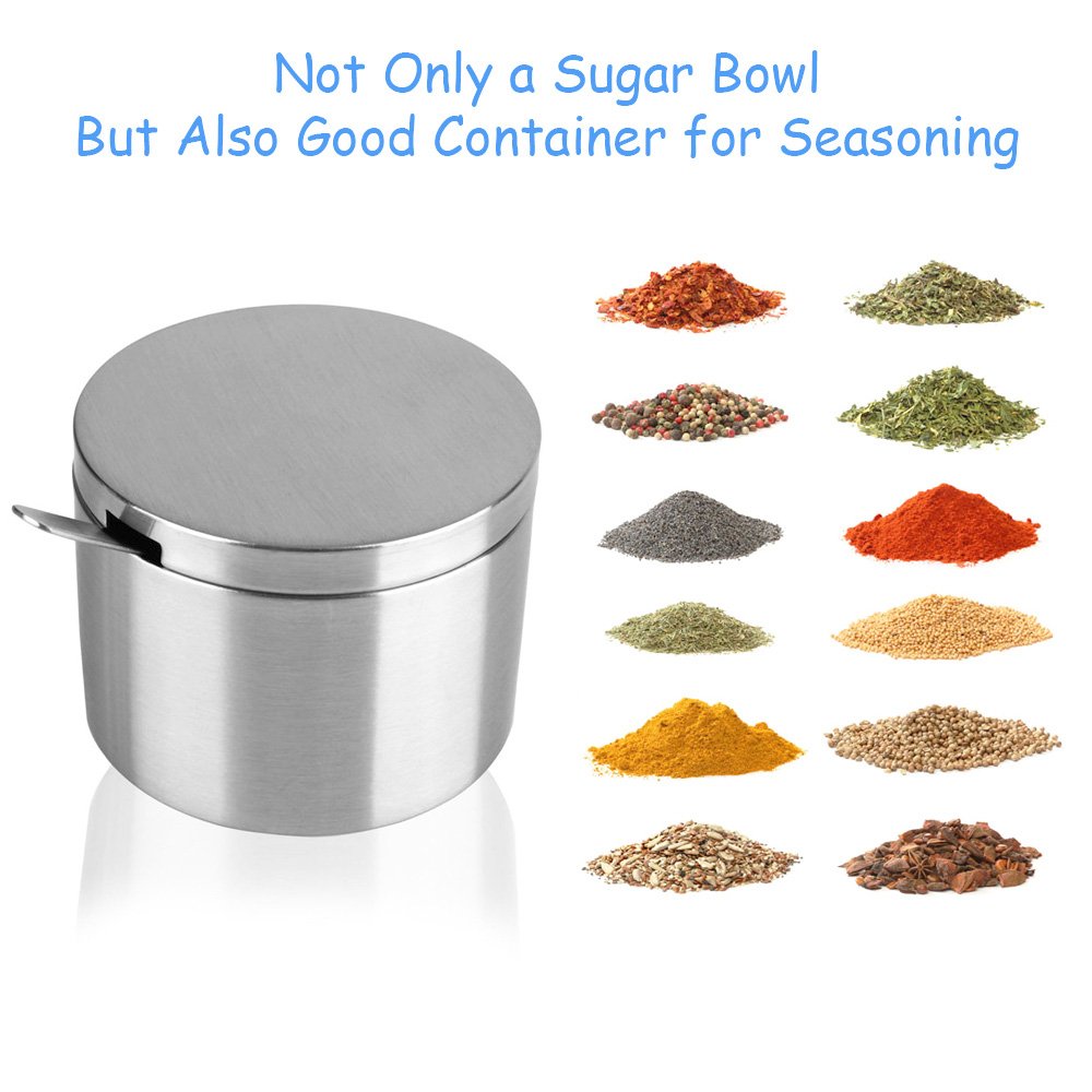Arswin Sugar Container With Lid And Spoon,Spice Jars,Stainless Steel 12 Ounce Sugar Bowl,Multi-Function Spice Salt Brown Sugar J