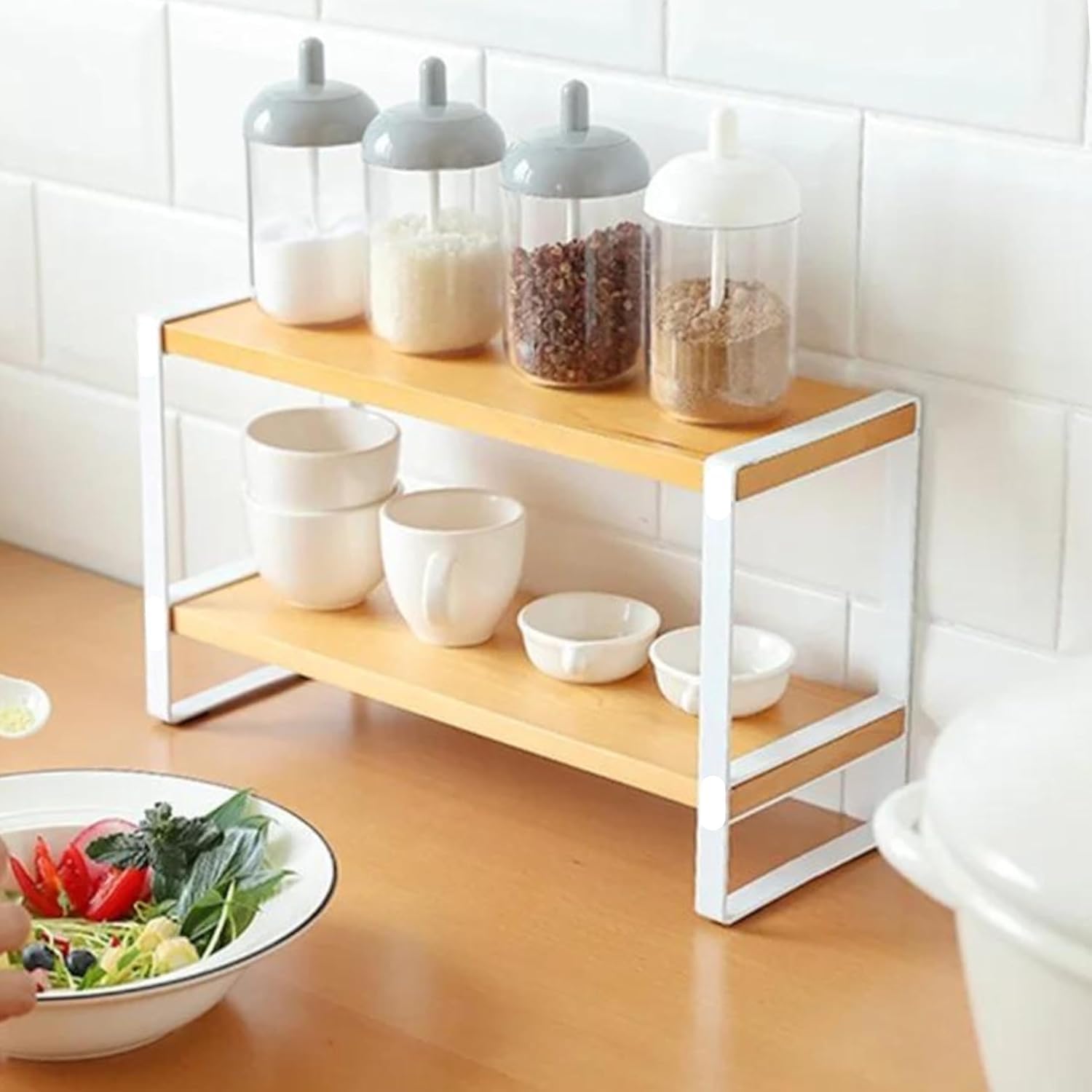 Decorlay Metal & Wooden Spice Rack Organizer Space Saver CounterTop Storage For Kitchen, Bathroom, Office, And Cosmetics (White