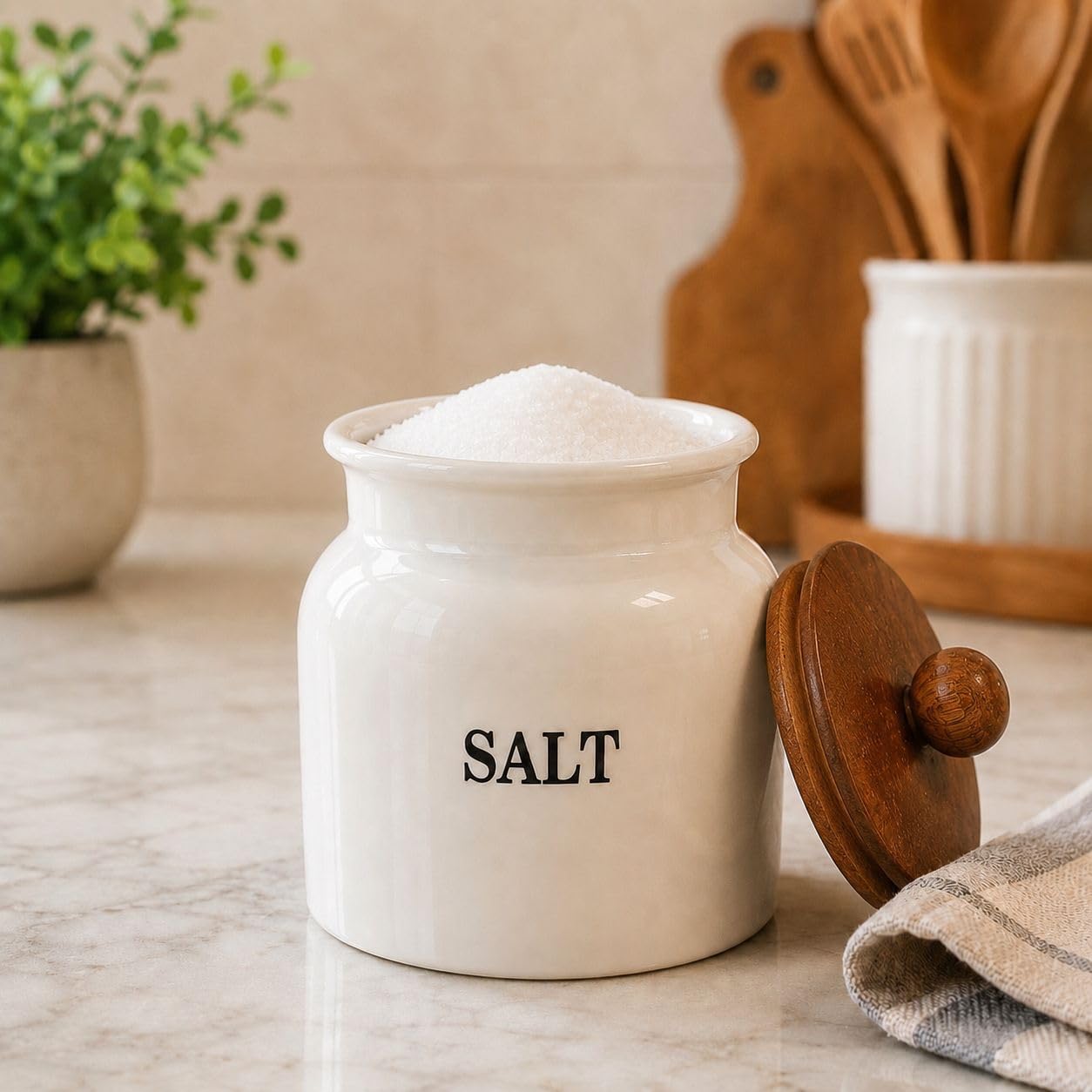 Metallicon Airtight Powder Coated Metal Storage Container With Wooden Lid For Salt Storage, Kitchen Canister For Dry Ingredients