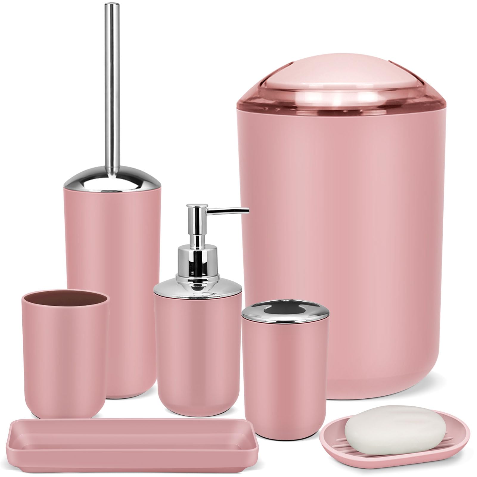 7 Piece Pink Bathroom Set,Soap Dispenser,Toilet Brush,Trash Can & D  cor Tray,Complete Accessories for Bathroom Organization & H
