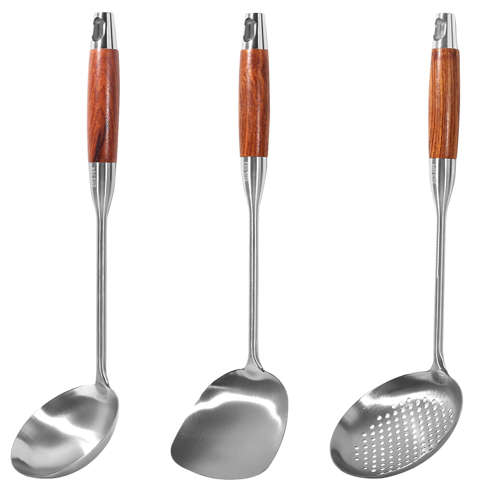 GIWOSK 304 Stainless Steel Wok Utensils Set, 3Piece 15 Inch Extra Long Professional Wok Tools with Wooden Handle, Includes Spat