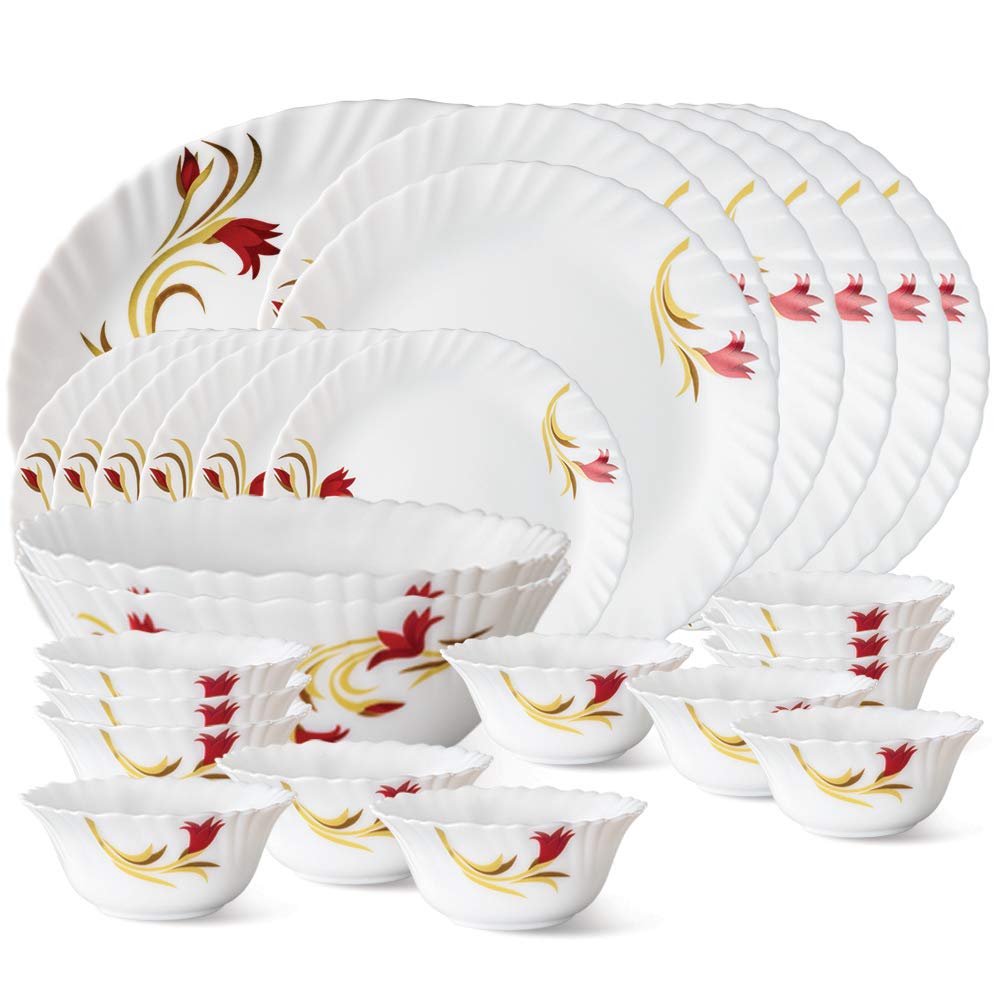 Larah By Borosil Fluted Series Red Lily Opalware Dinner Set | 27 Piece For Family Of 6 | Microwave & Dishwasher Safe | BoneAsh 