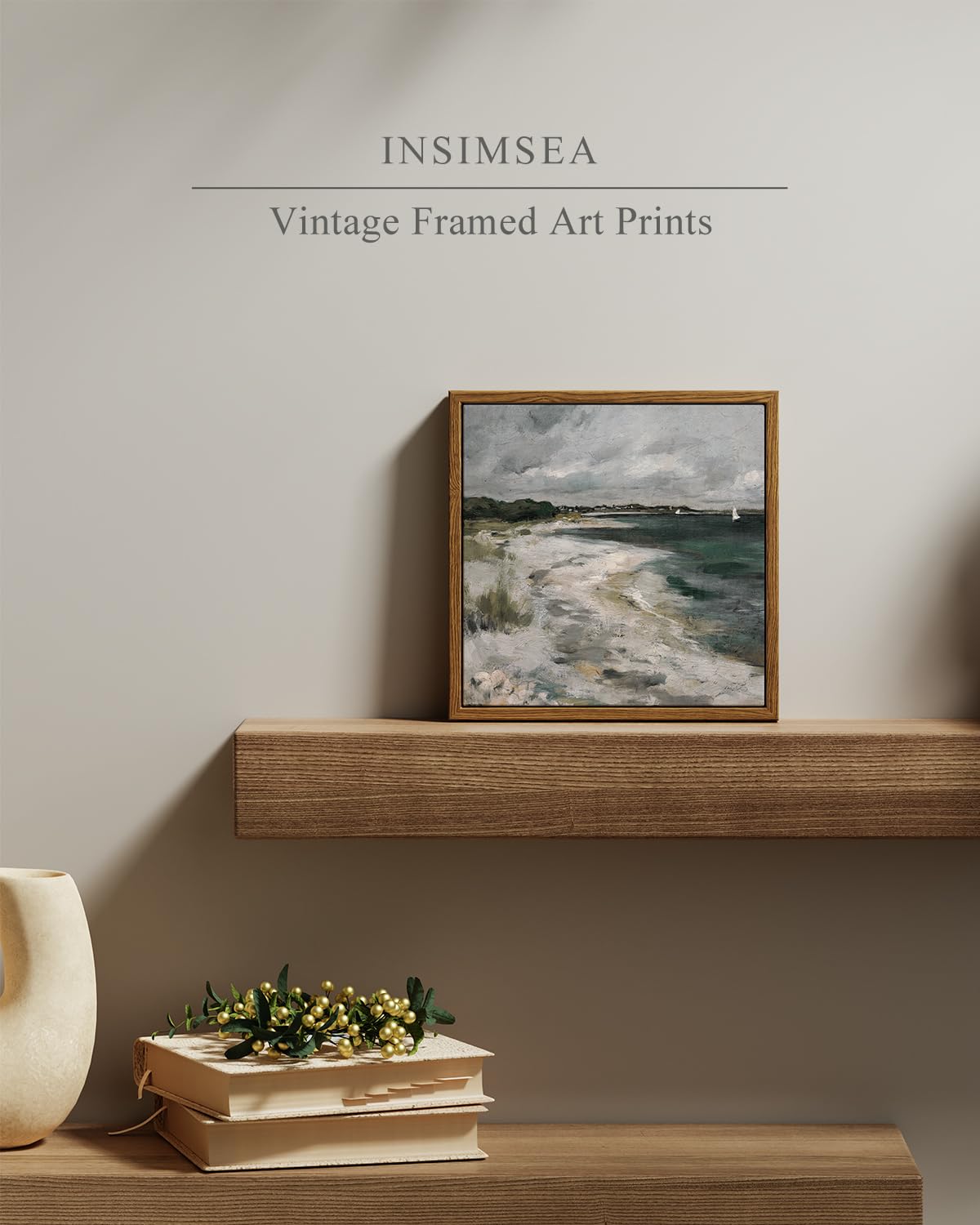 Insimsea Square Framed Canvas Wall Art, Scenery Room Decor Classical Clouds Coastal Seaside Oil Painting Home Wall Decor Artwork