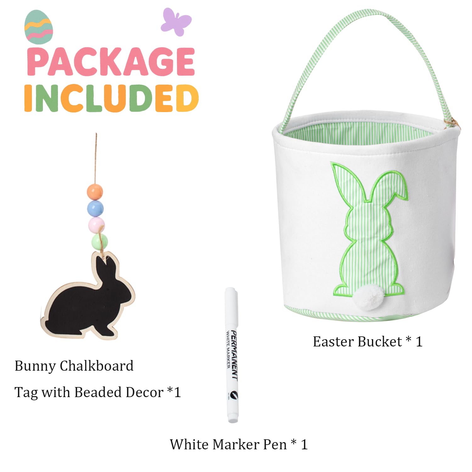 Easter Basket, Bunny Baskets with Pom-Pom Tail, Stripe Pattern, Bucket for Egg Hunts, Easter Gifts (Green)