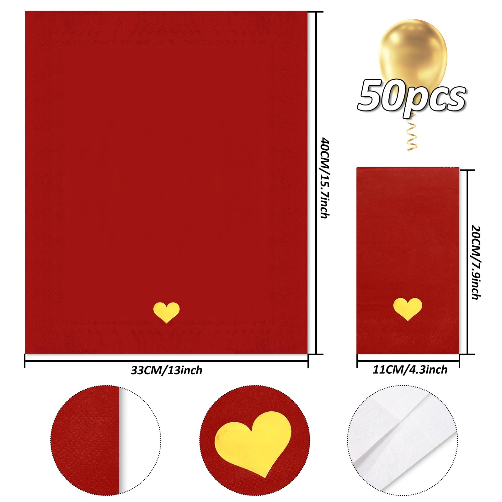 Jarthenaamcs Valentine'S Day Paper Guest Napkin Gold Foil Heart 3 Ply Disposable Napkin Red Dinner Hand Napkin Towel For Party S