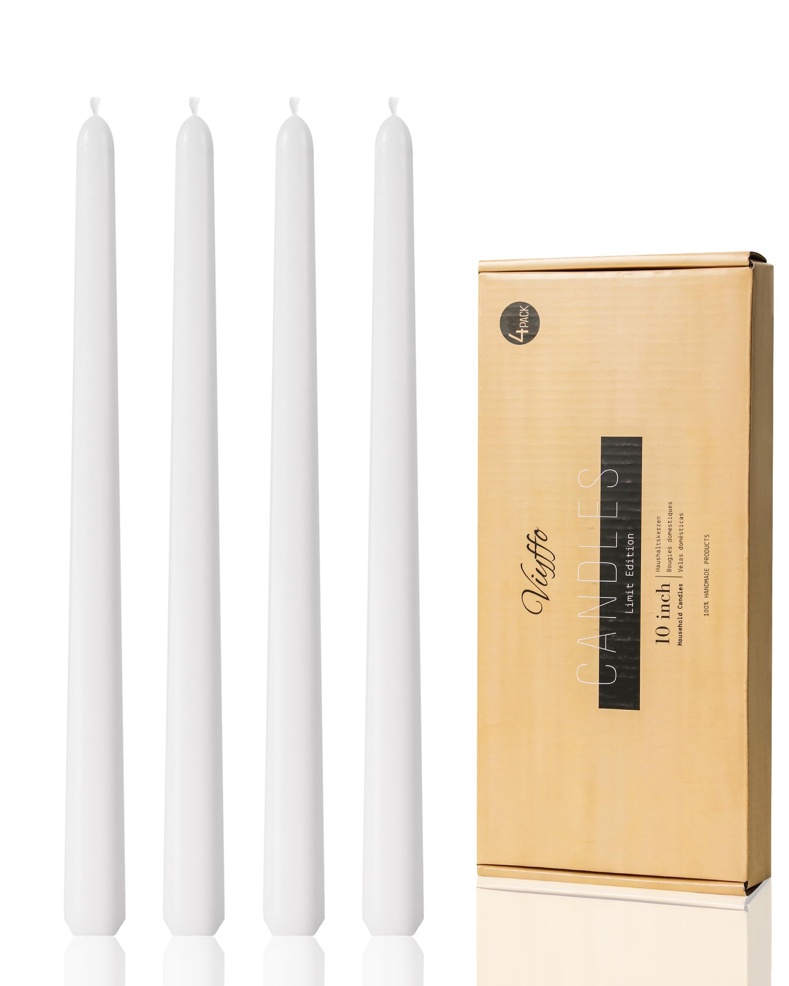 Taper Candles 10 Inch White Set of 4 Unscented, Dripless, Smokeless Long Tall Tapered Candlesticks Wedding Home Decor Dinner
