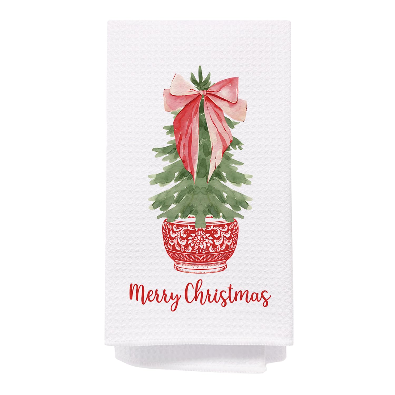 Merry Chinoiserie Christmas Kitchen Towels, Red Porcelain Chinoiserie Christmas Tree Hand Towels For Bathroom, Christmas Red Bow