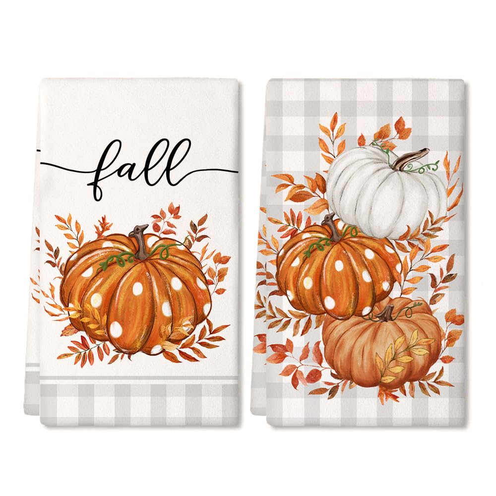 Arkeny Fall Kitchen Towels Set Of 2,Orange Pumpkin Grey Buffalo Check Autumn Dish Towels 18X26 Inch Drying Dishcloth,Farmhouse H