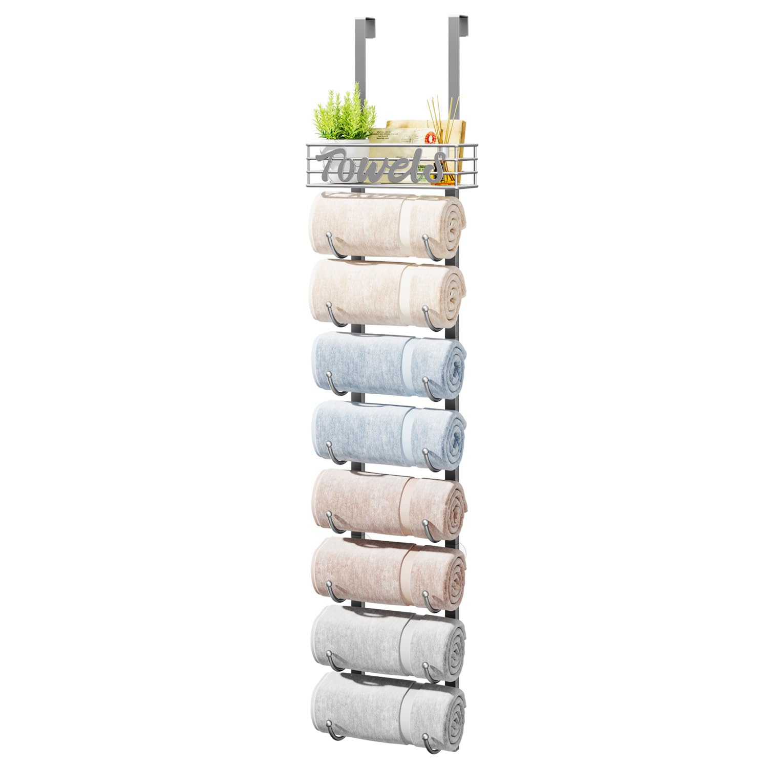 HapiRm Towel Racks for Bathroom Storage - 9 Tier Over The Door & Wall Mount Rolled Towel Storage Organizer Holder with Metal She