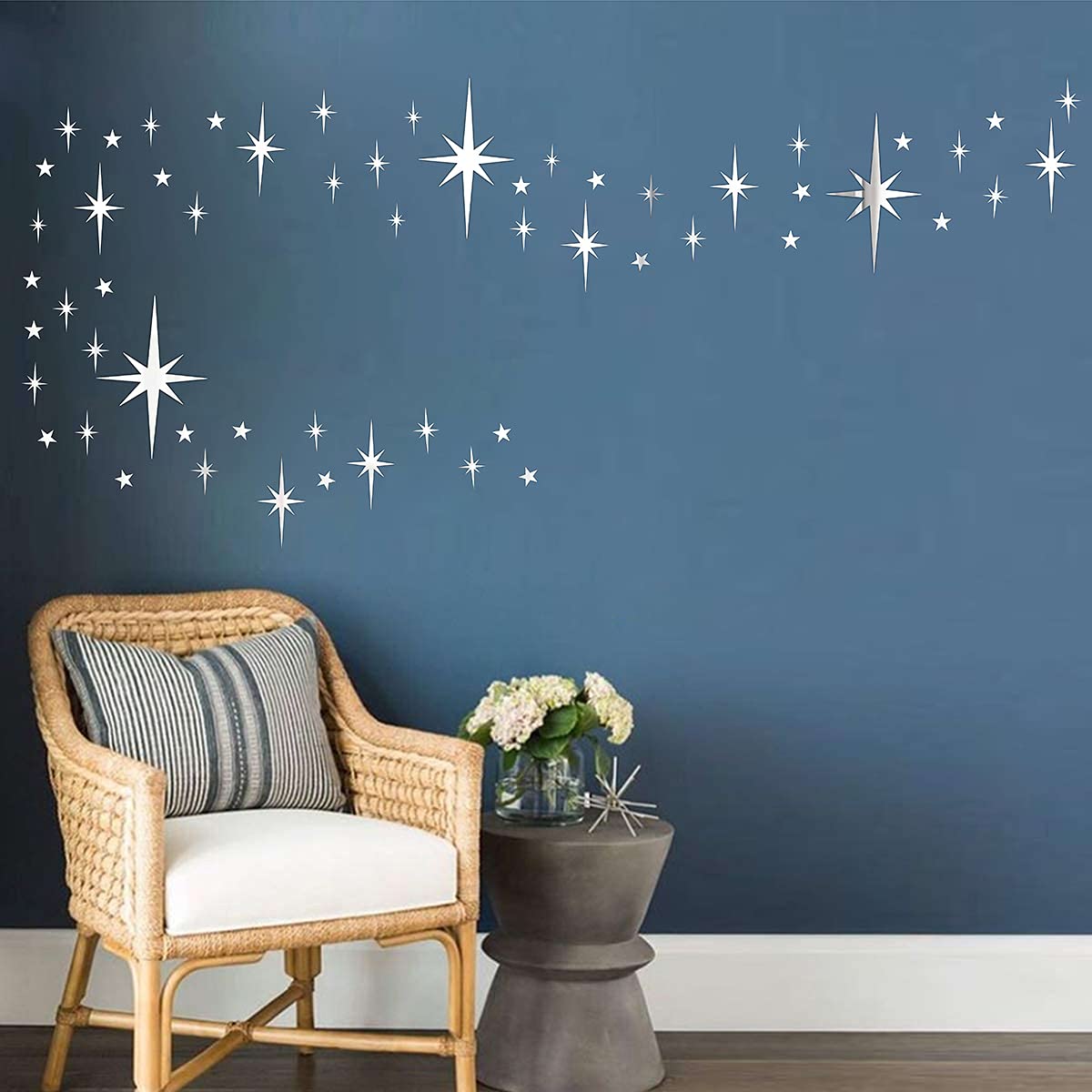 Retro Starburst Mirror Wall Decals Silver 3D Acrylic Sparkle Wall Decors Star Wall Stickers Removable Star Decals Bathroom Bedro