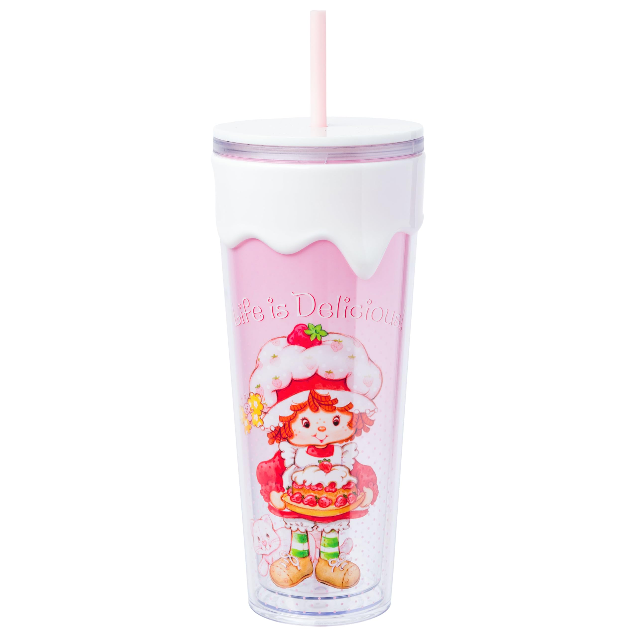 Silver Buffalo Strawberry Shortcake Life is Delicious    Plastic Drip Tumbler with Lid and Straw, 26 Ounces