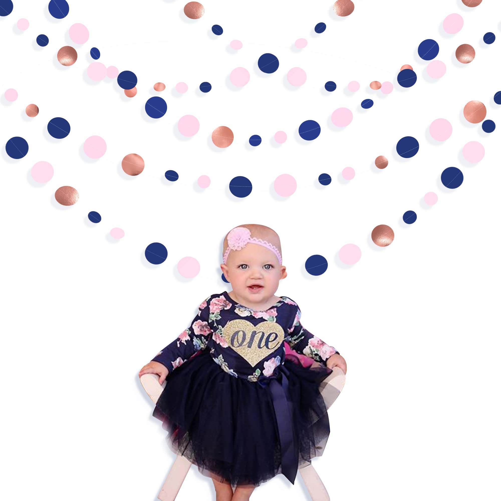 46Ft Navy Blue Blush Circle Dot Garland Royal Blue Pink Rose Gold Hanging Paper Polka Dot Streamer For Gender Reveal Baby Shower