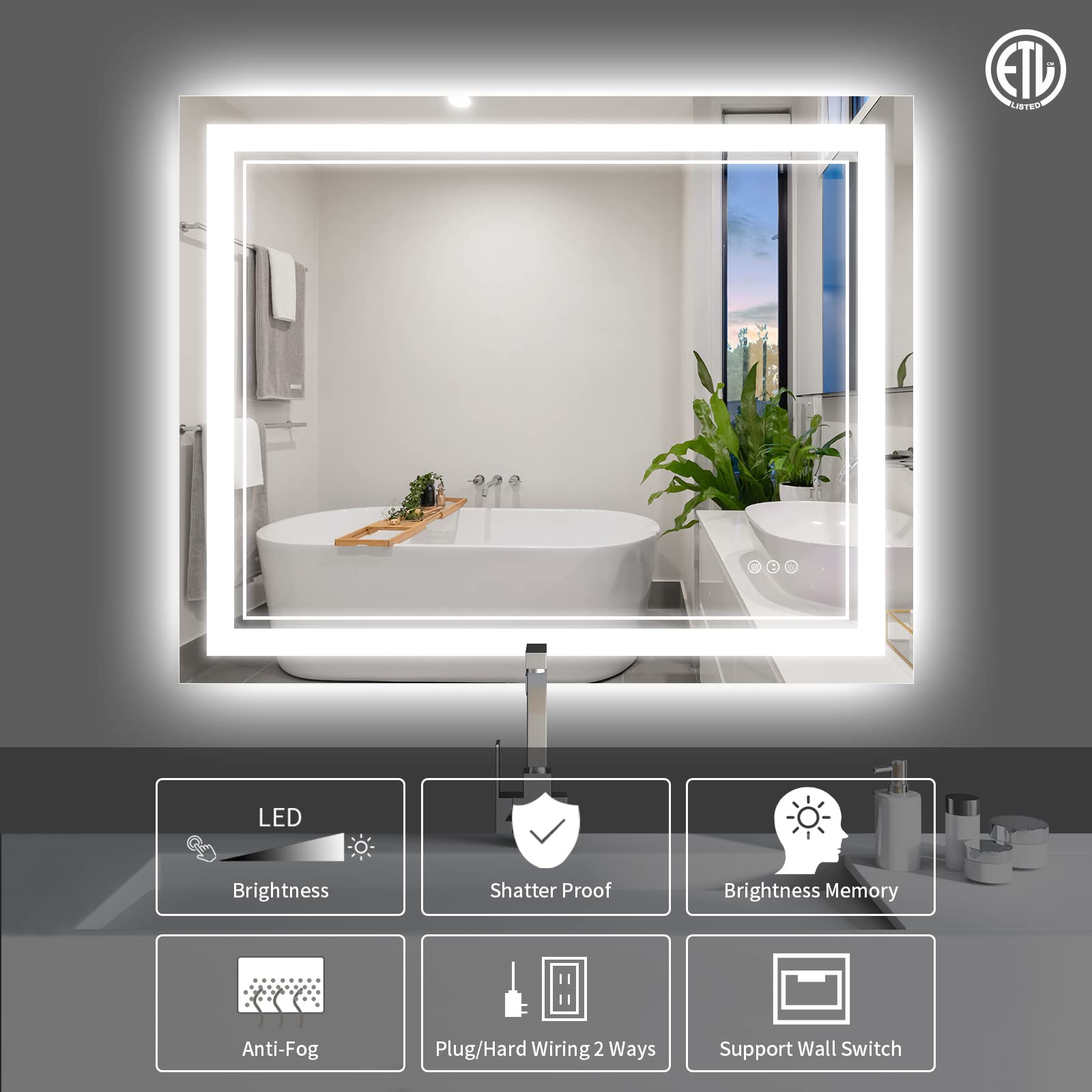 Istripmf 40 X 32 Inch Led Bathroom Mirror, Front Light And Backlit Anti-Fog Dimmable Memory Lighted Vanity Mirror, Shatterproof