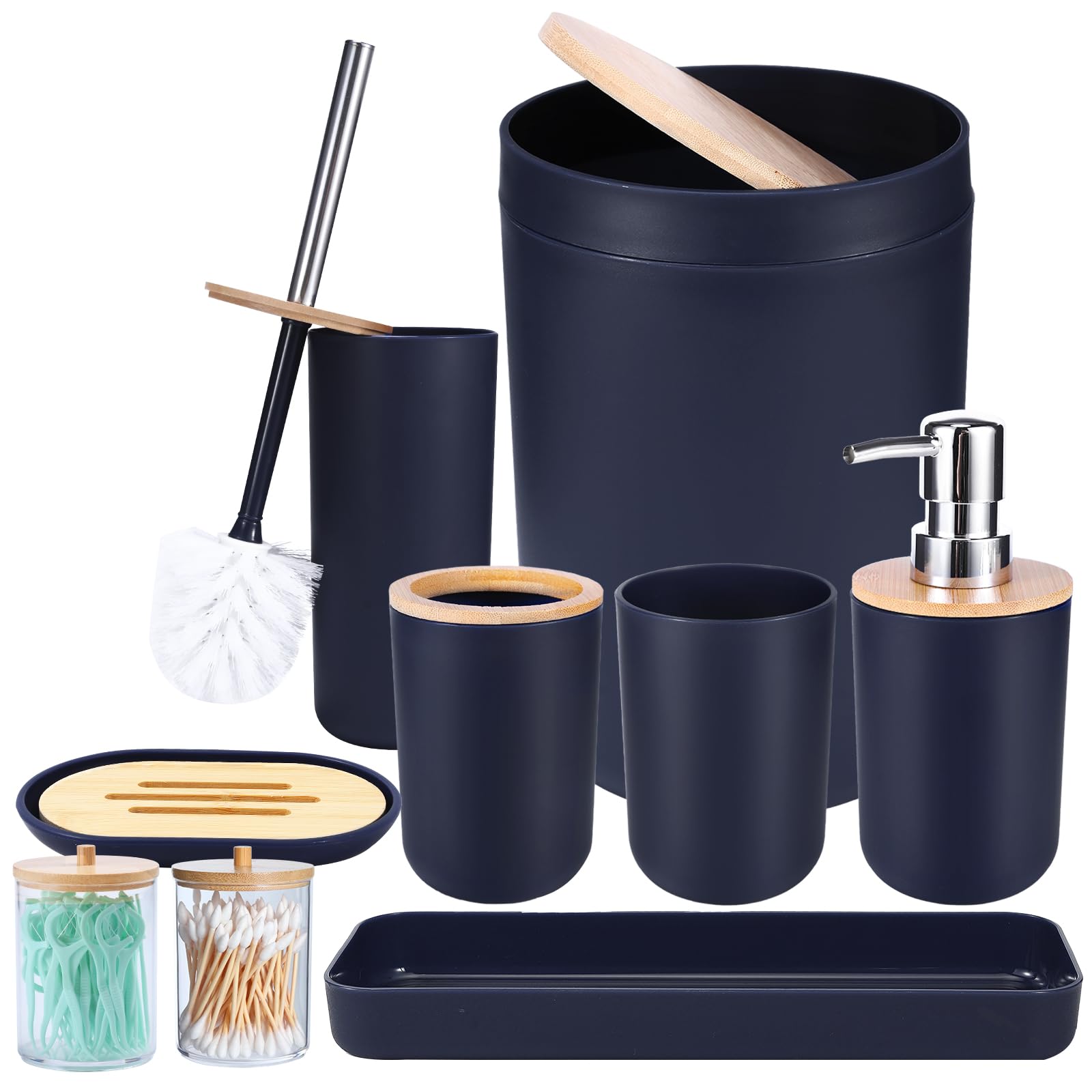 Imucci Bathroom Accessories Set Navy Blue Bathroom Decor Sets With Trash Can,Toilet Brush,Toothbrush Holder, Lotion Soap Dispens