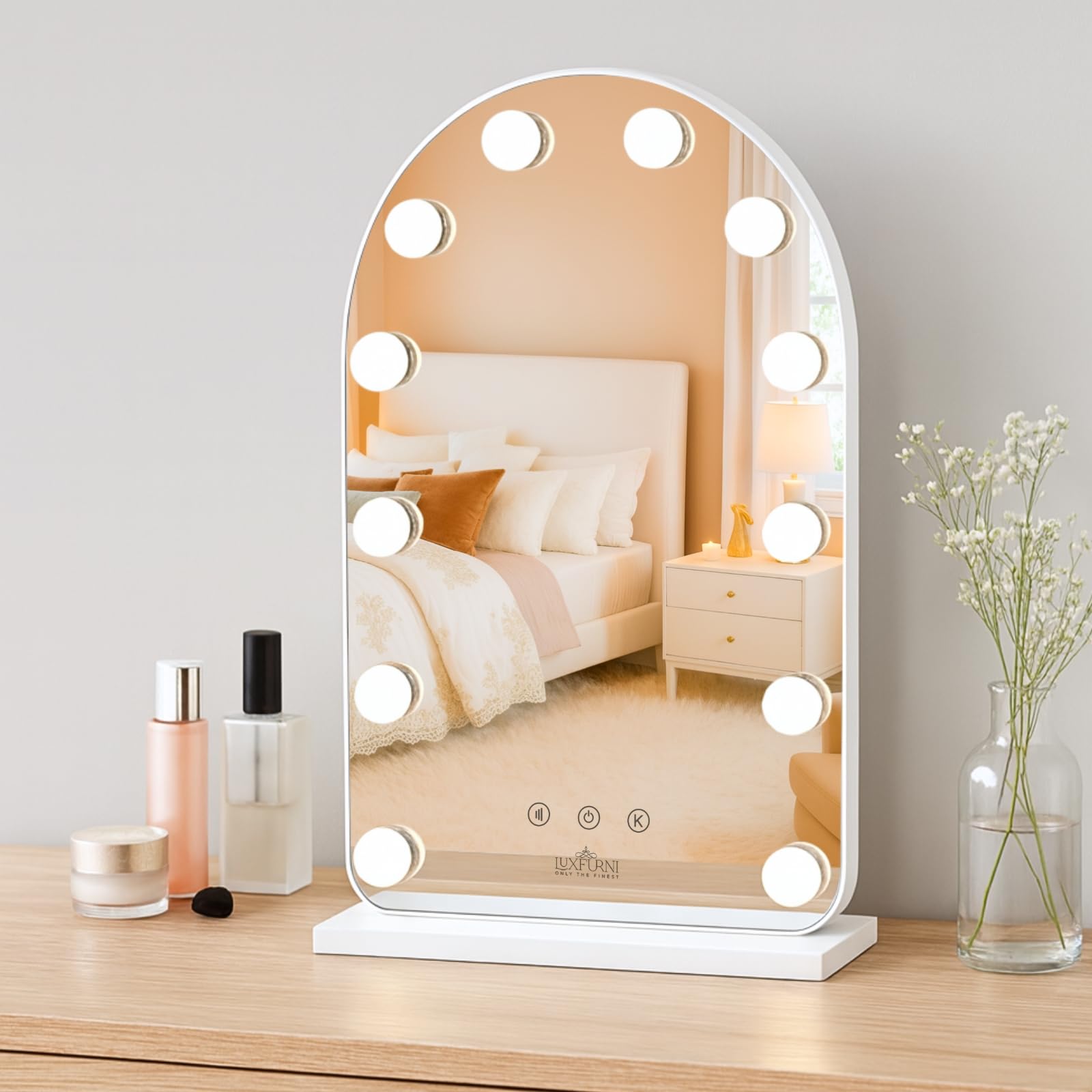 LUXFURNI Hollywood Mirror with Lights Makeup Mirror for Bedroom, Vanity Arched Mirror with 12 Dimmable Bulbs Smart Touch Control