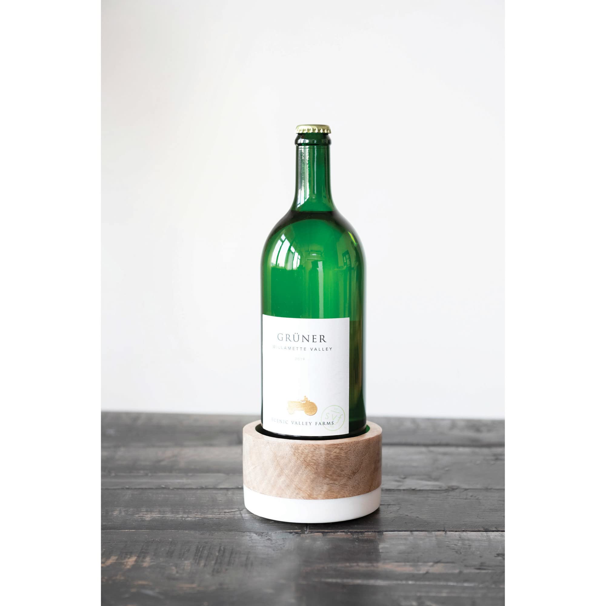 Creative Co-Op Mango Wood and Marble Bottle Holder, 5" L x 5" W x 3" H, Multicolor, Model DF5679