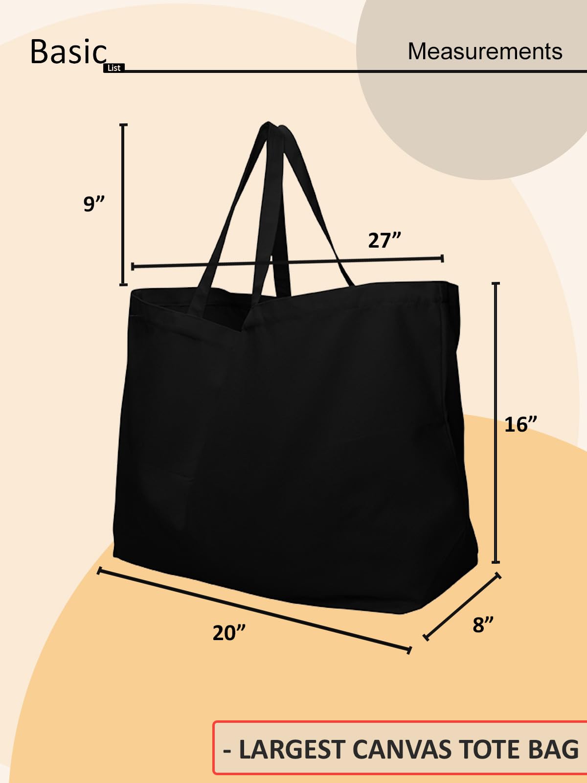 Extra Large Canvas Tote Bag - Big Largest Reusable Grocery,Black