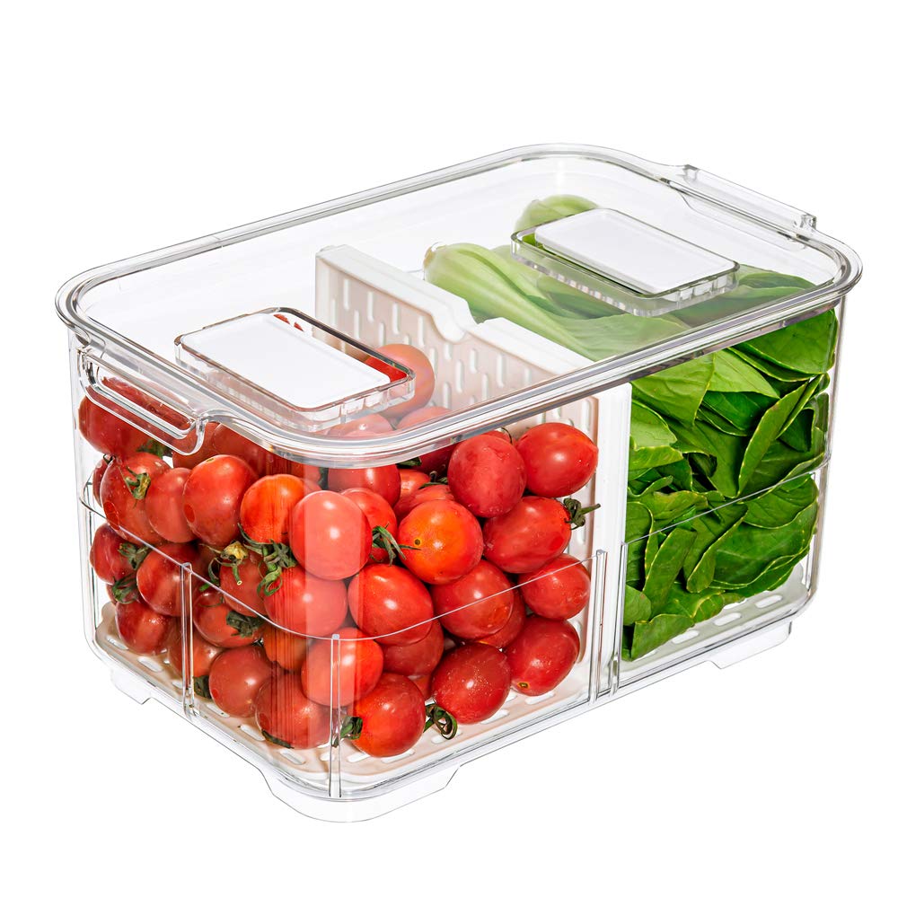 Slideep 9'' Food Storage Containers, 2 Tier Stackable Fridge Produce Saver With Lids, Removable Drain Tray Drawers Refrigerator