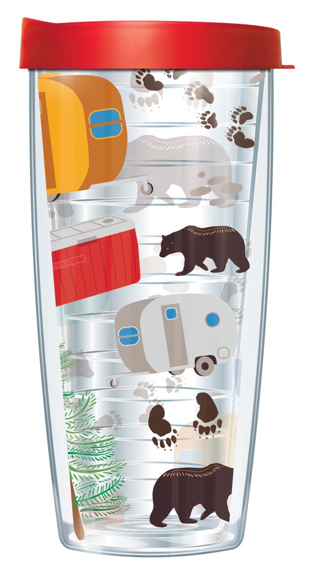 Signature Tumblers Camping Bear And Trailer Camper Wrap On Clear 16 Ounce Double-Walled Travel Tumbler Mug With Cherry Red Easy