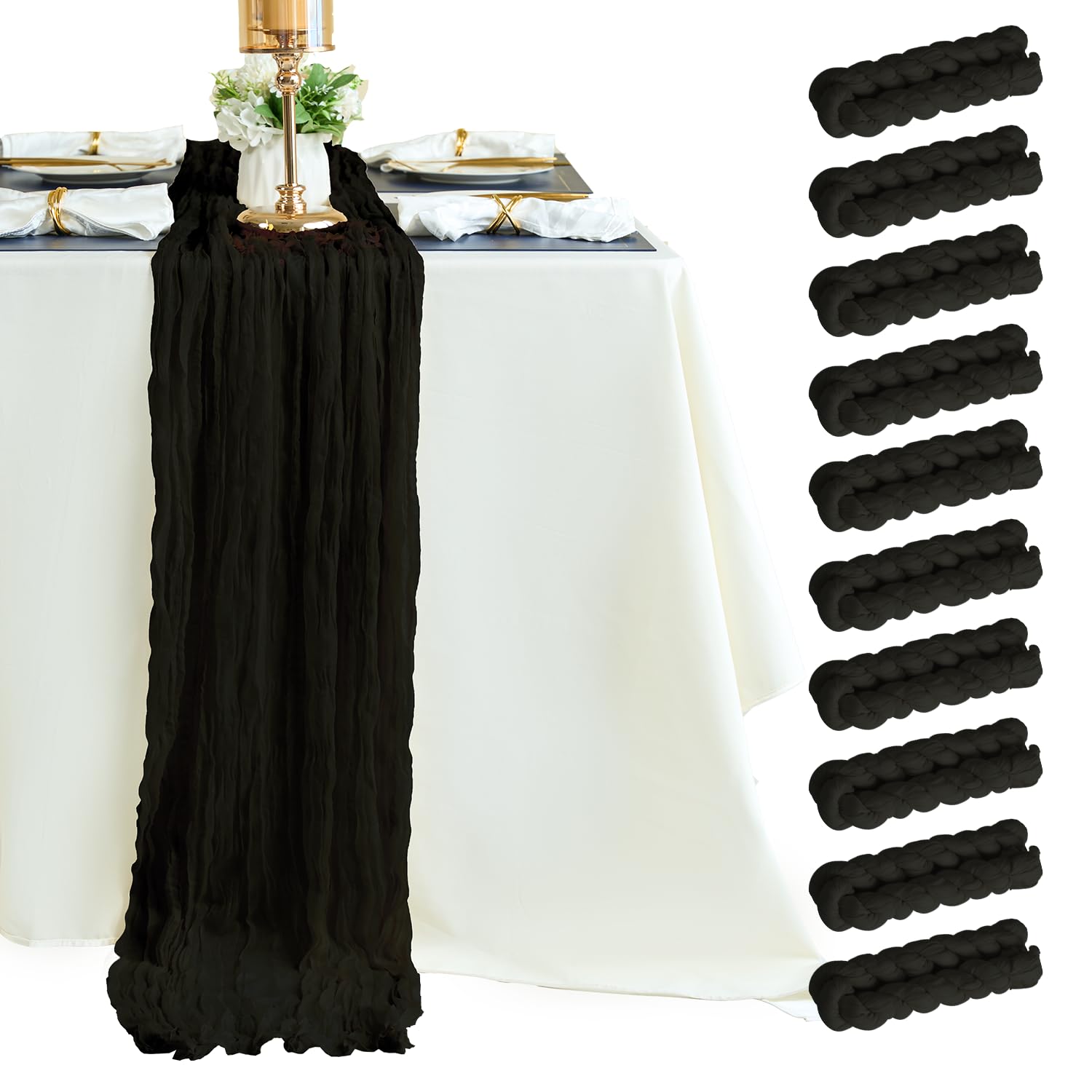 Sioloc 10 Pack Black Halloween Table Runner,10Ft Black Chiffon Table Runner ,Boho Gauze Fall Table Runner For Wedding Bridal Bab