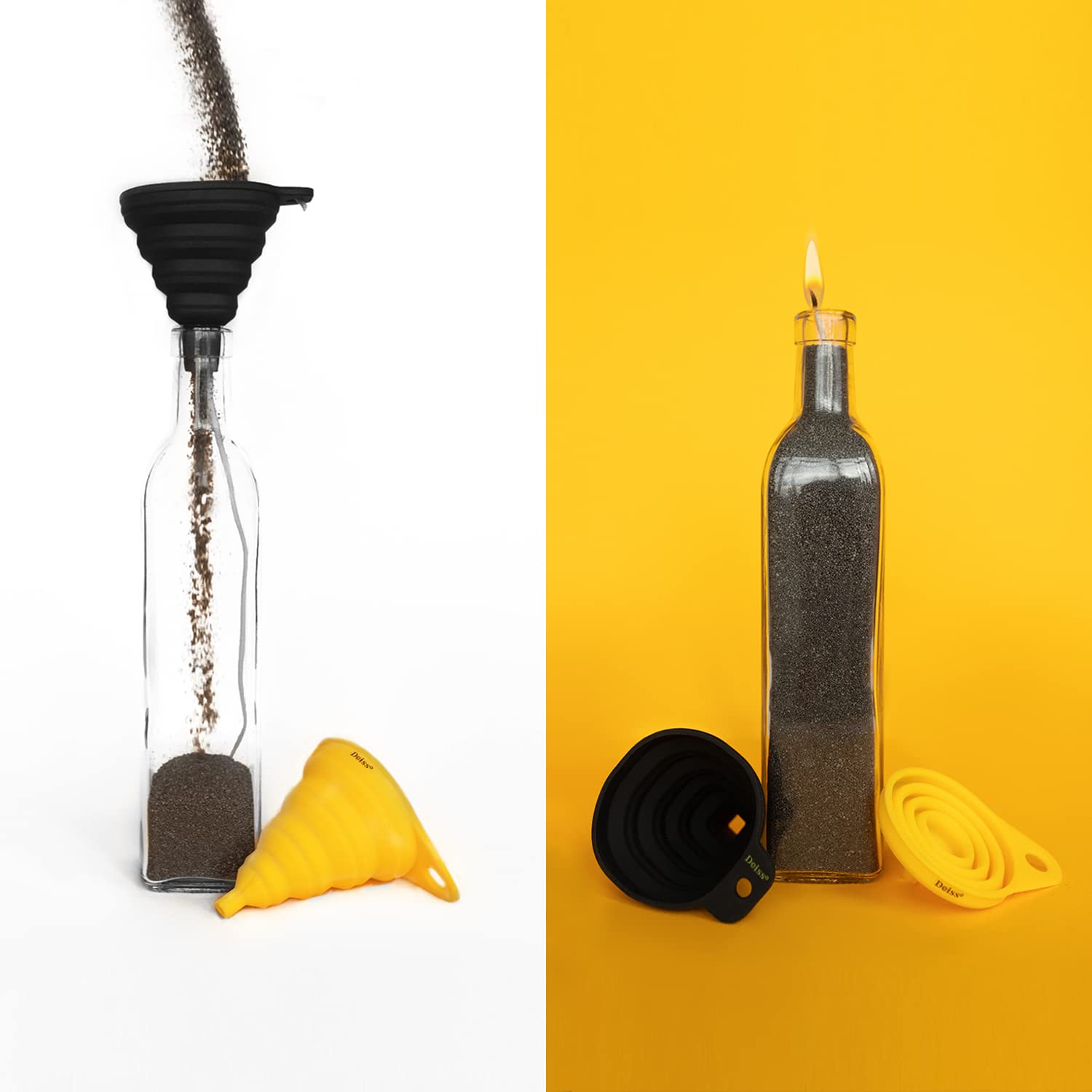Deiss Pro Silicone Collapsible Funnel Set - Rounded & Squared Foldable Funnels - Food Grade, Dishwasher Safe - Set Of 2 (Yellow,