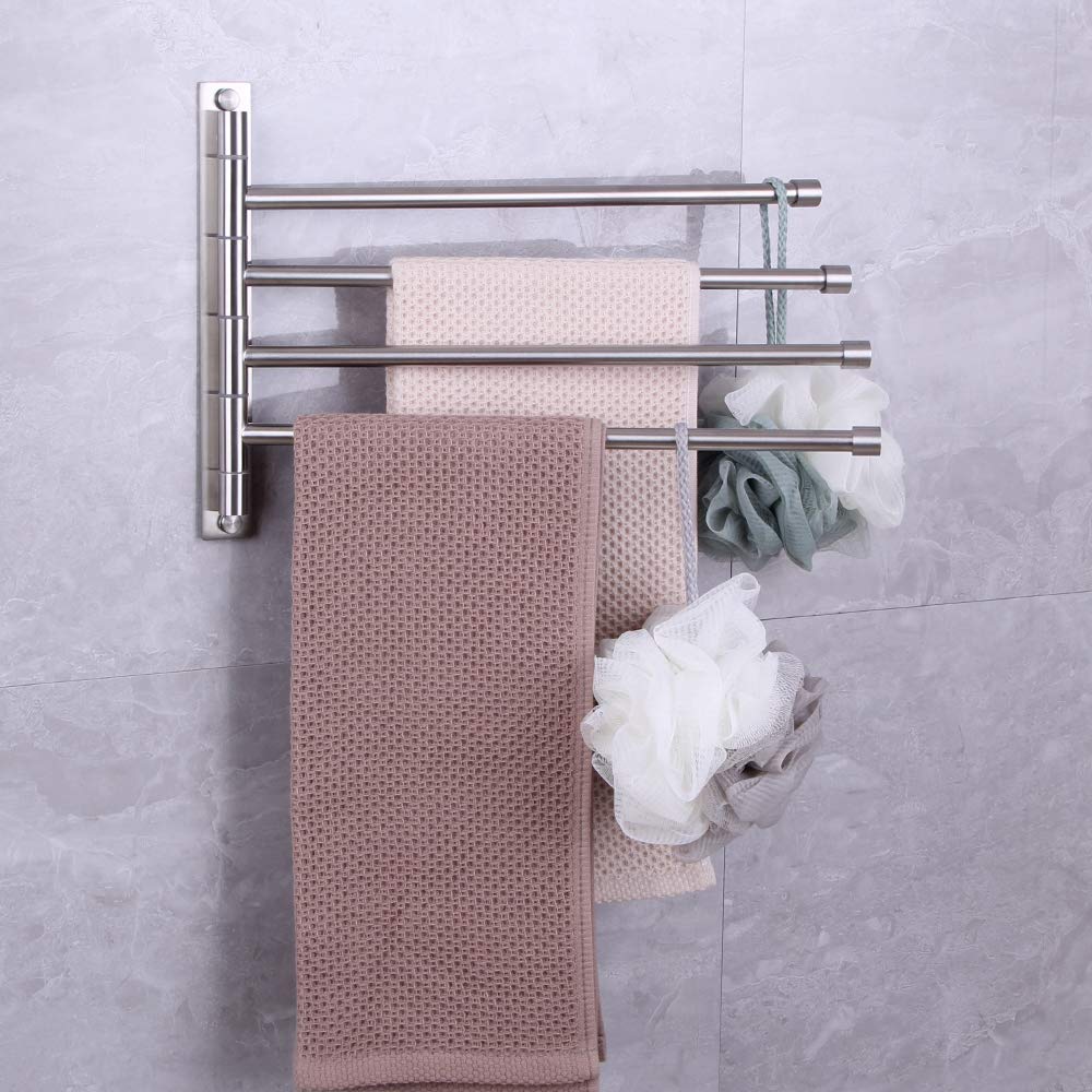 Kimzcn Swivel Towel Bar 4-Arm Bathroom Towel Holder Wall-Mounted Swing Out Towel Rack With Hooks Rustproof Brushed Finish