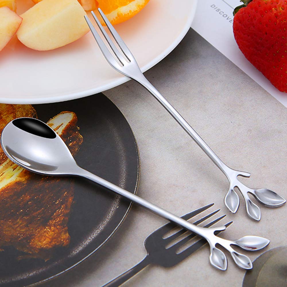 Ansaw 10-Pc Silver Mini Spoons & Forks Set, 4.7'' - Stainless Steel, Leaf Handle, Ideal For Coffee,Tea, Appetizers, Tastings, Pa