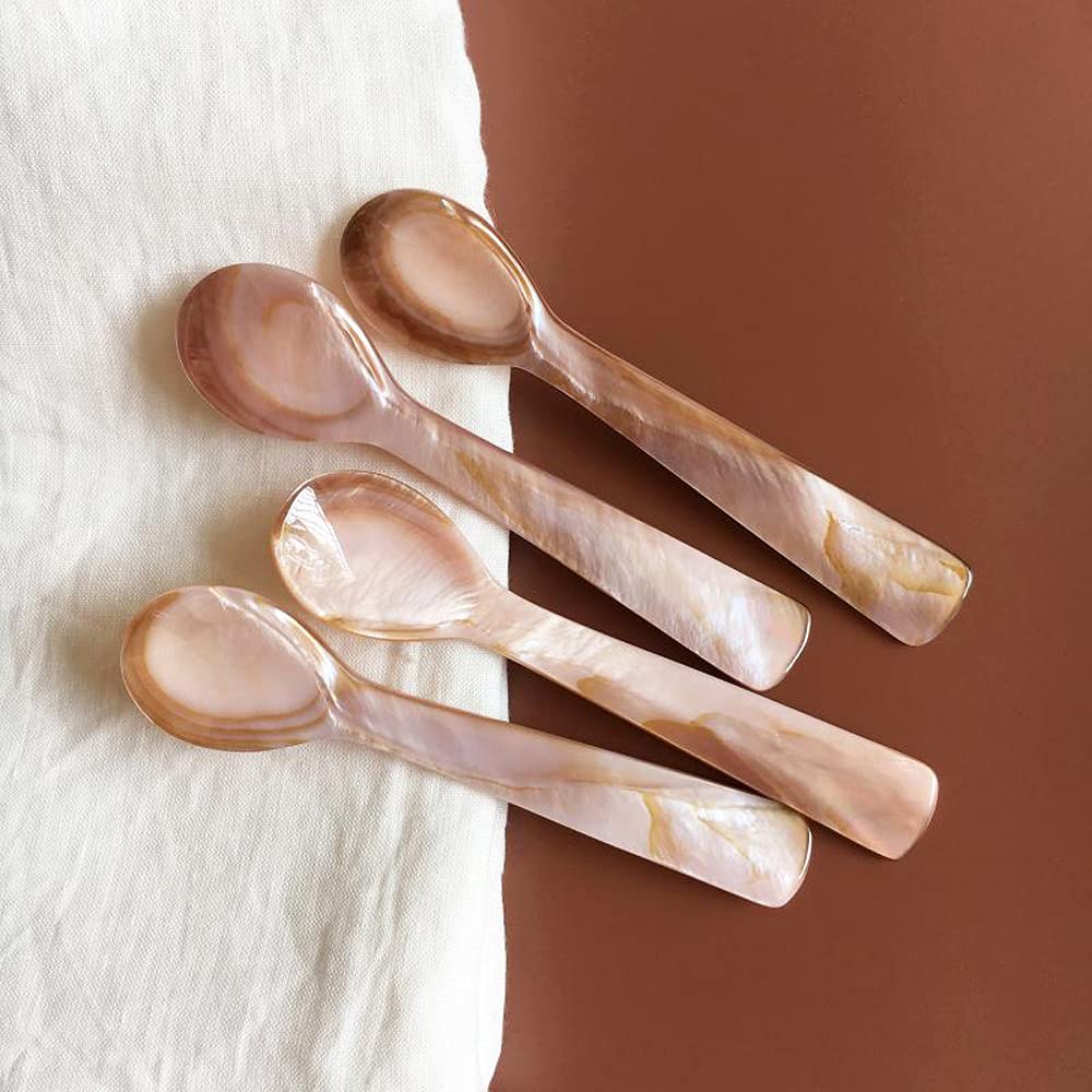 I-Lan 8 Pack Pink Mother Of Pearl Spoon Fork With Natural Patten,5 Inch Stunning Mop Caviar Spoon With Beautiful Shine, Finely H