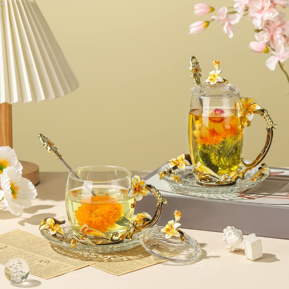 Lantree Fancy Tea Cups With Lid Mother'S Day Cup Gift Lily Glass Coffee Mug With Spoon Birthday Gift For Tea Lover Novely Cup Ho