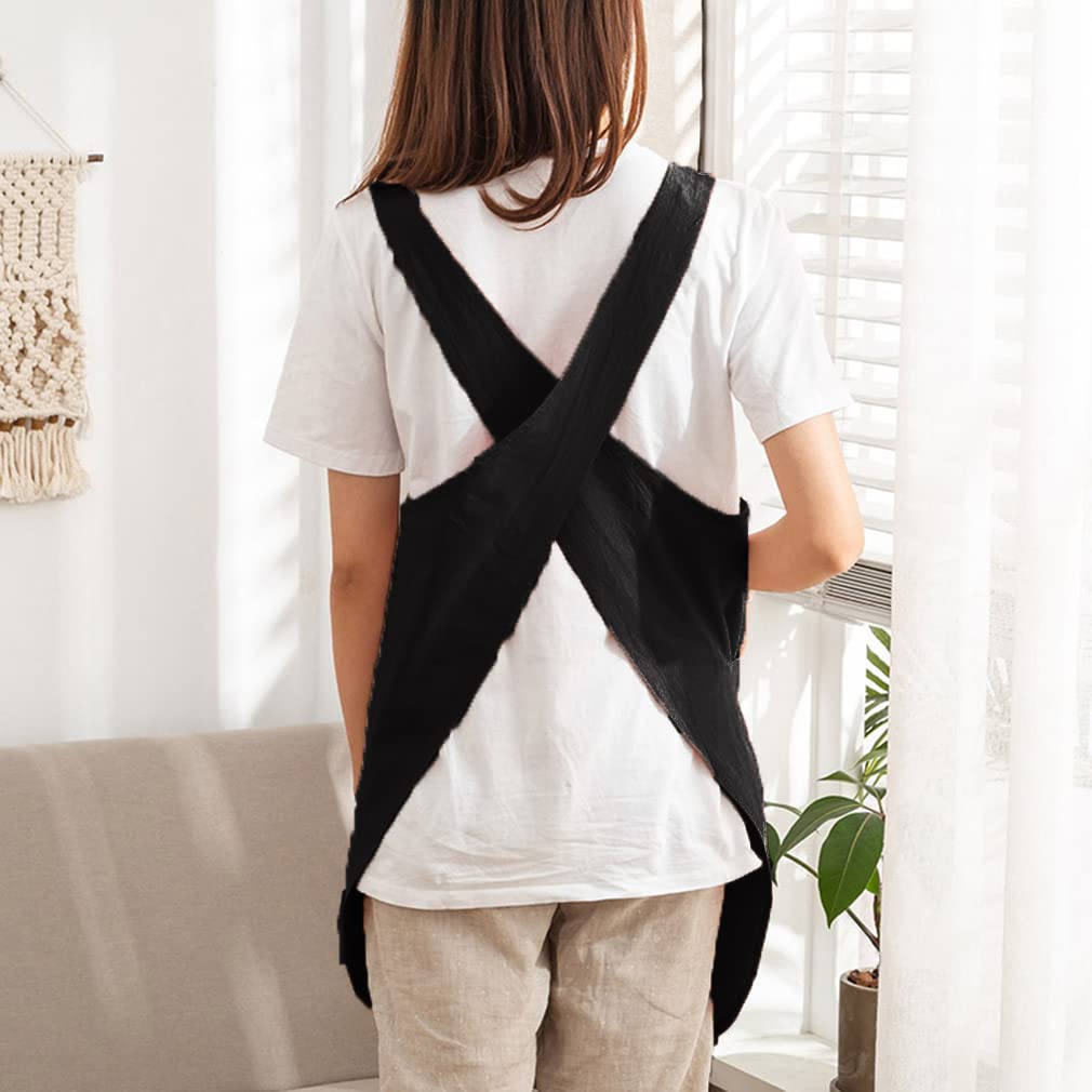 Cotton Cross Back Aprons Solid Color Cooking Kitchen Garden Smock For Women Girls With Pockets (Black, 37Wx 32L)