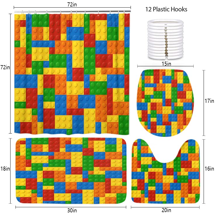 Lokmu 4 Pcs Shower Curtain Sets With Non-Slip Rugs,Toilet Lid Cover And Bath Mat,Colorful Blocks Waterproof Shower Curtain With
