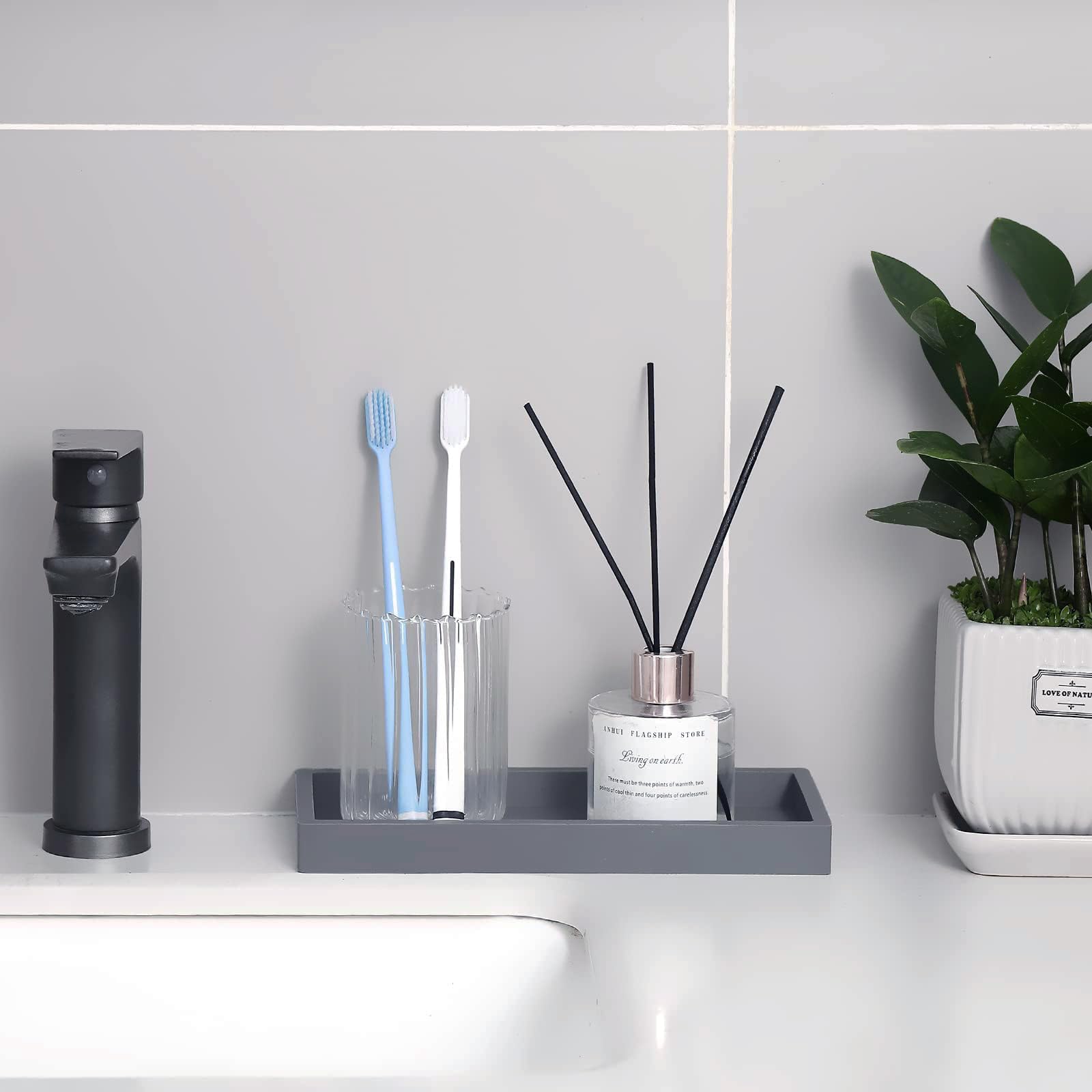 Bathroom Trays For Counter, Slicone Vanity Trays For Bathroom, Rectangle Sponge Holder For Kitchen Sink - Grey