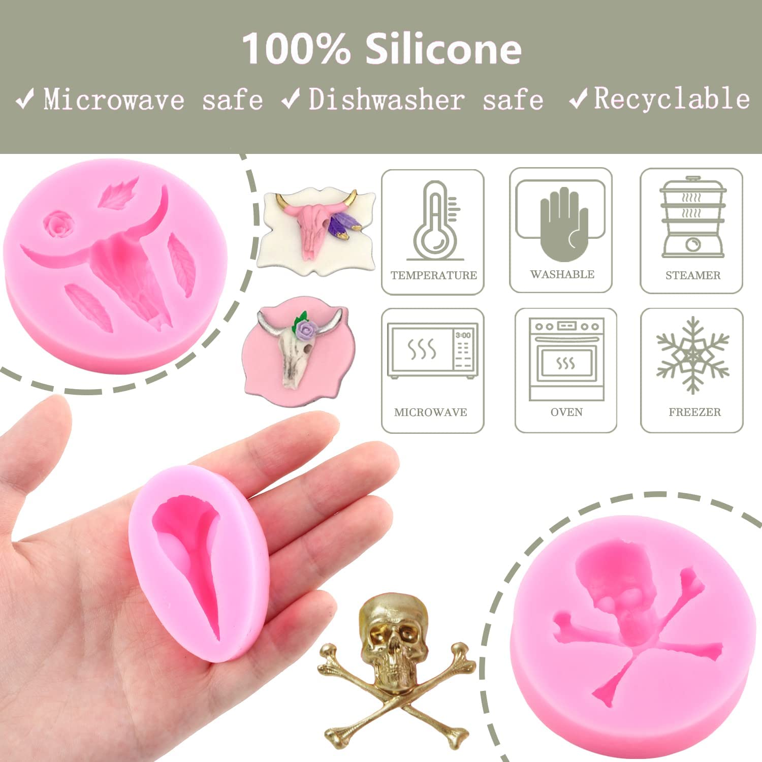 Zixiang Bull Head Silicone Molds Skull Head Fondant Mold Skeleton Bone Mold Raven Head Skull Candy Mold For Halloween Cake Decor